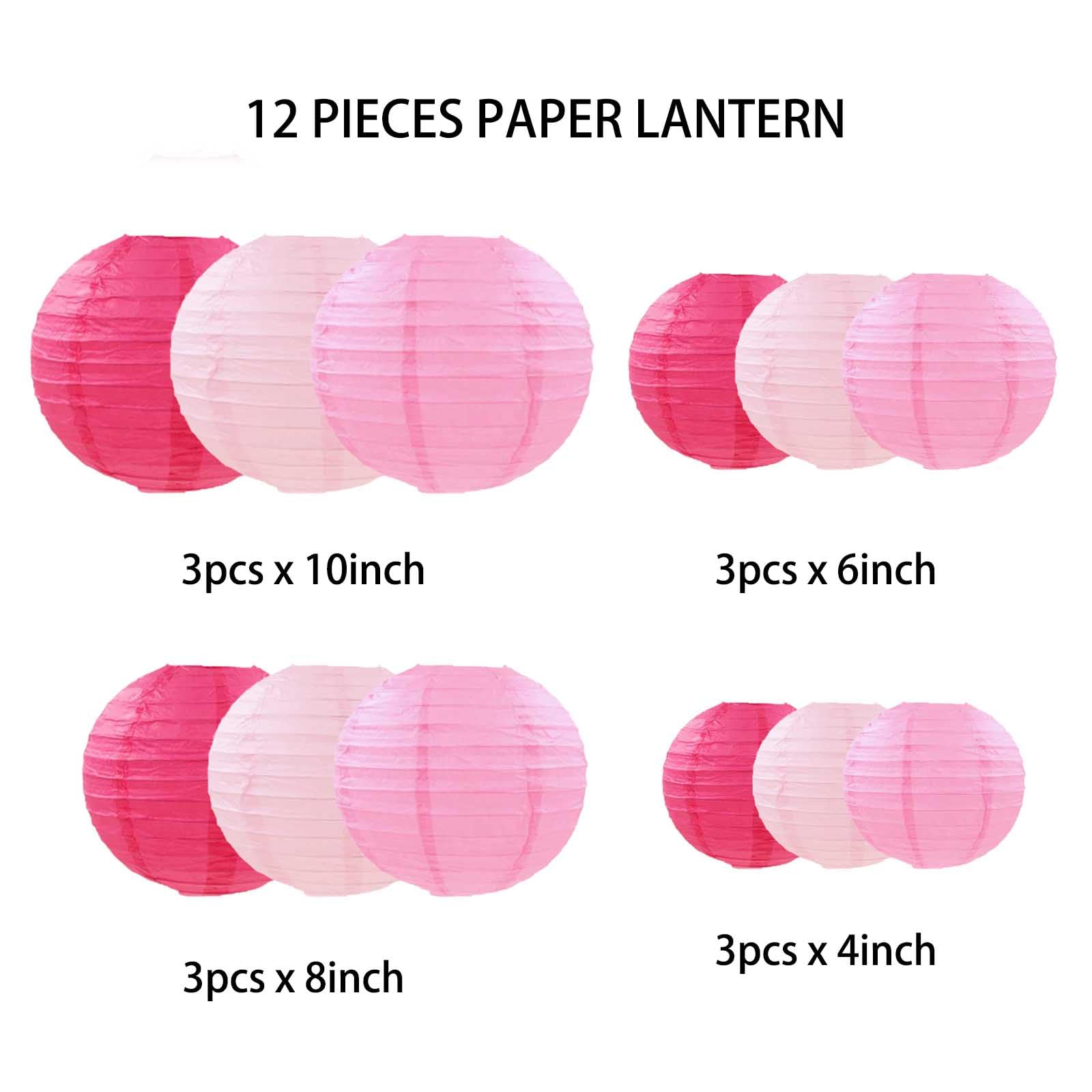 Gaka Pink Paper Lanterns Decorative,12Pcs,4 Inch 6 Inch 8 Inch 10 Inch Round Paper Hanging Decorations,Chinese Lanterns Lamps Fo