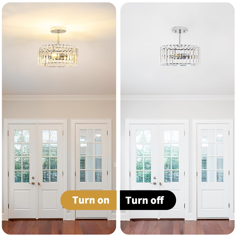 Lxybcce Modern Crystal Ceiling Light  Chrome Semi Flush Mount Ceiling Lighting Fixture  Hallway Light Fixtures Chandelier For Kitchen  Bedroom Dining Room Hallway Closet  3-Light  12 Inch