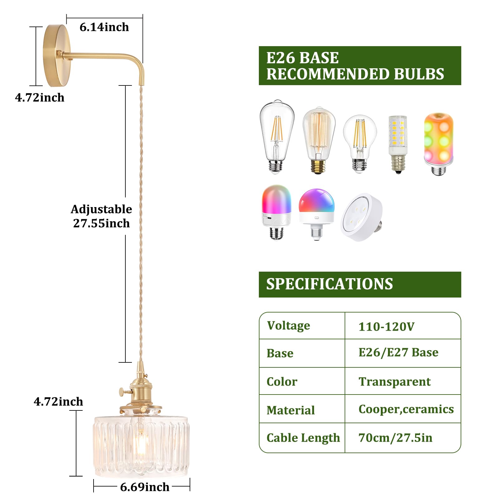 Shenmoyl Vintage Wall Sconce Lamp, Clear Striped Glass, Adjustable Chain, Hardwired, Model 1-944, Gold
