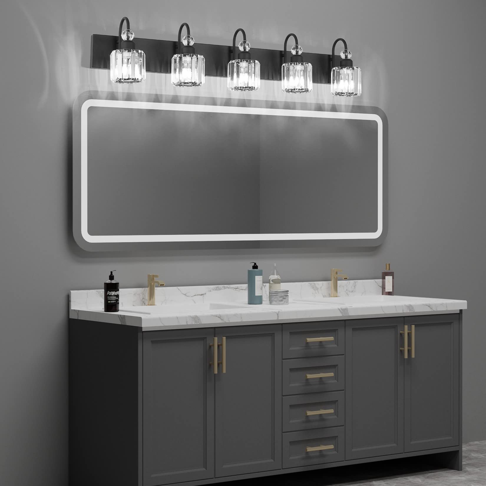 Ralbay Modern Crystal Vanity Light 5-Lights, Matte Black, Metal, Model 8600, Bathroom Wall Fixtures