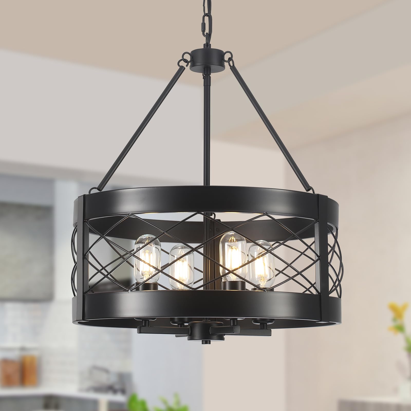 Kostomo Farmhouse Chandelier 4-Light Adjustable Dining Room Light Fixture Kitchen Island Lighting Drum Rustic Hanging Lights For