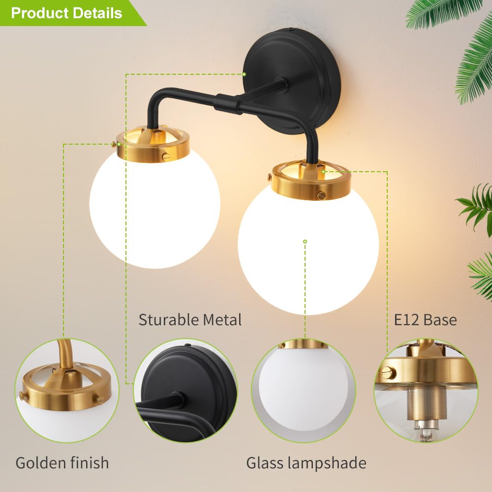 Deyidn Black Gold Bathroom Light Fixtures Over Mirror, Modern Vanity Lighting With Milk White Glass Globe Shades 2-Light Farmhou