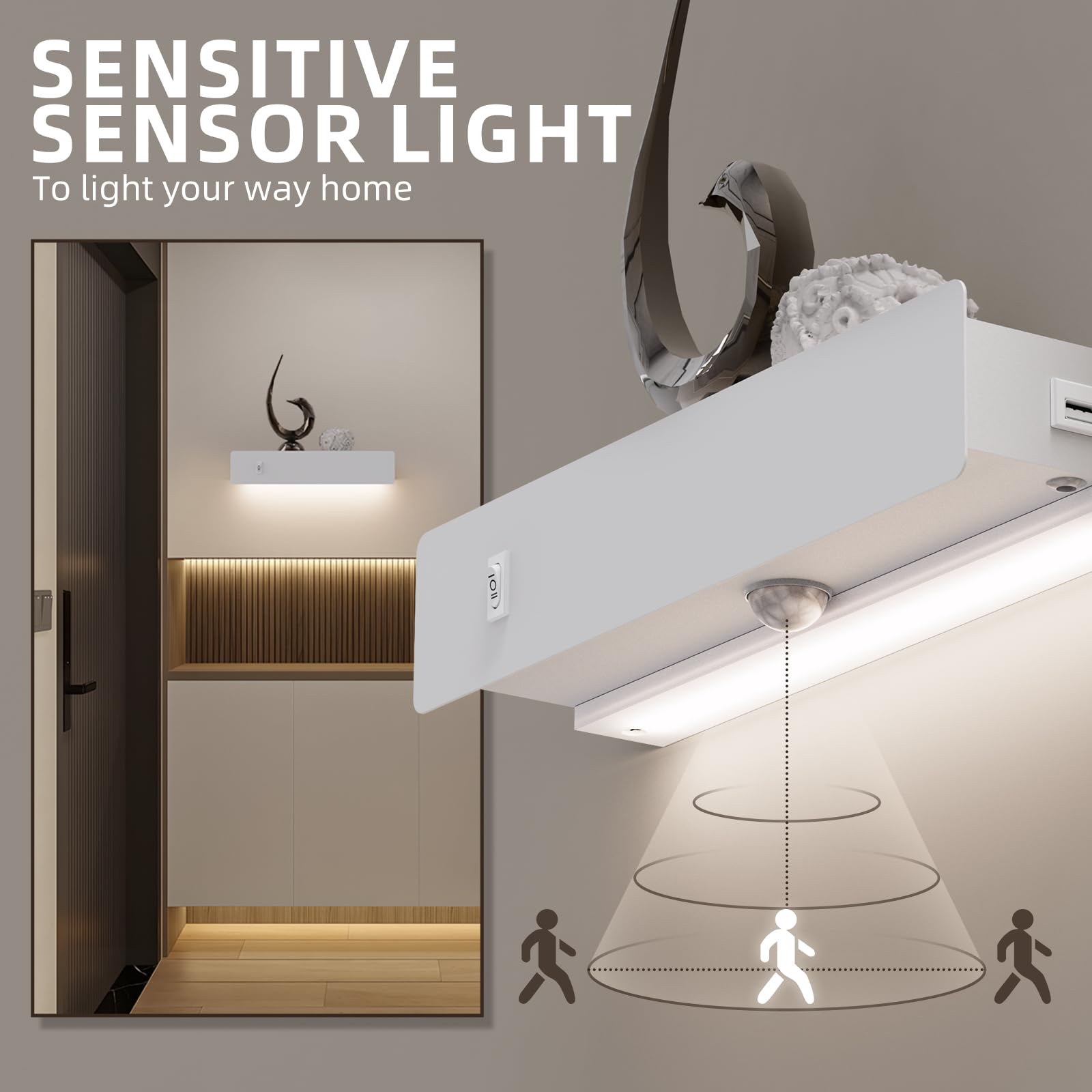 HYMELA M12 White Wall Sconces with Shelf, Metal, Motion Sensor, USB Port, Hardwired/Plug-in, Modern Design for Living Room/Bedroom