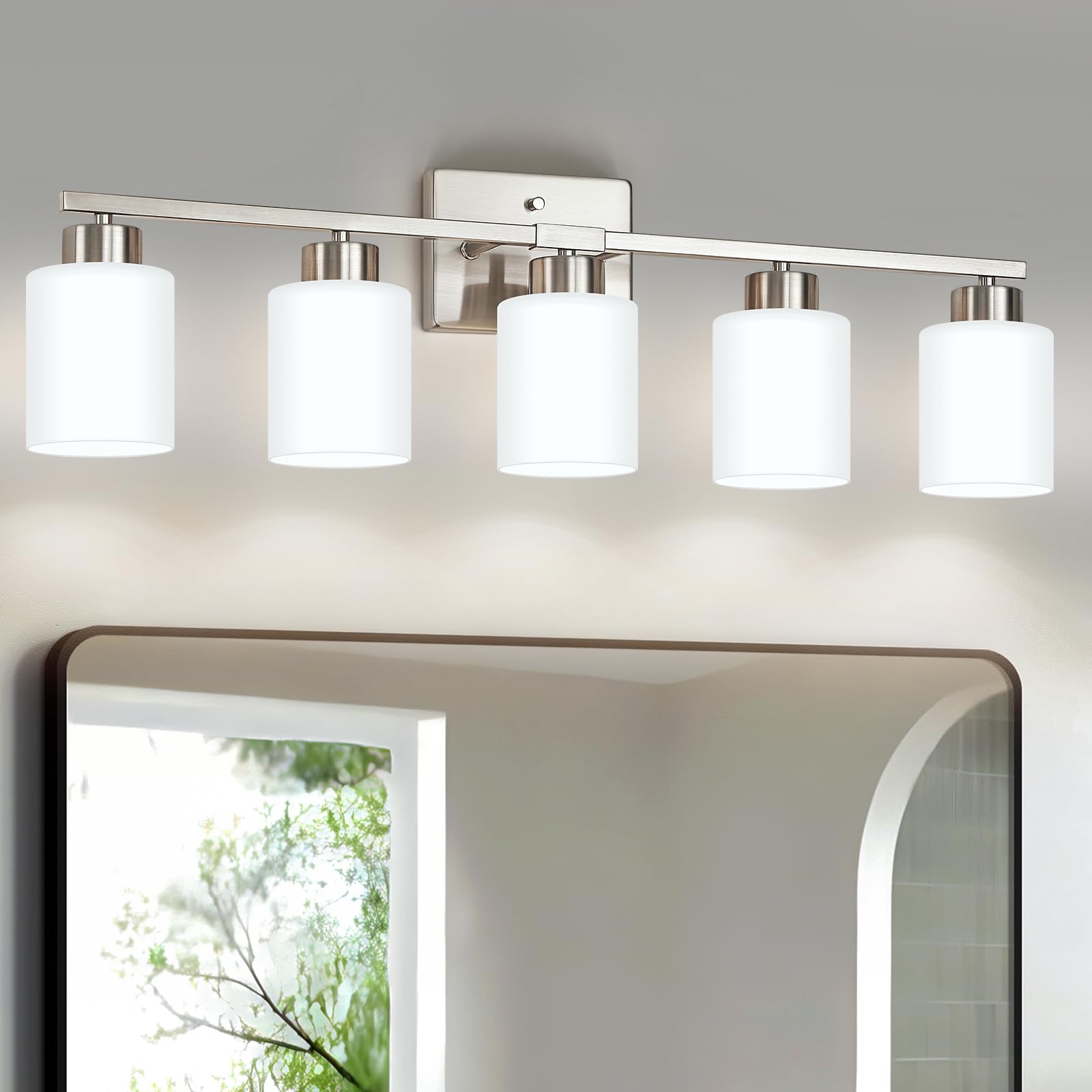 Fonmyim Brushed Nickel Bathroom Light Fixtures, 5-Light Modern Vanity Light Over Mirror, Wall Sconces With Milky White Frosted G