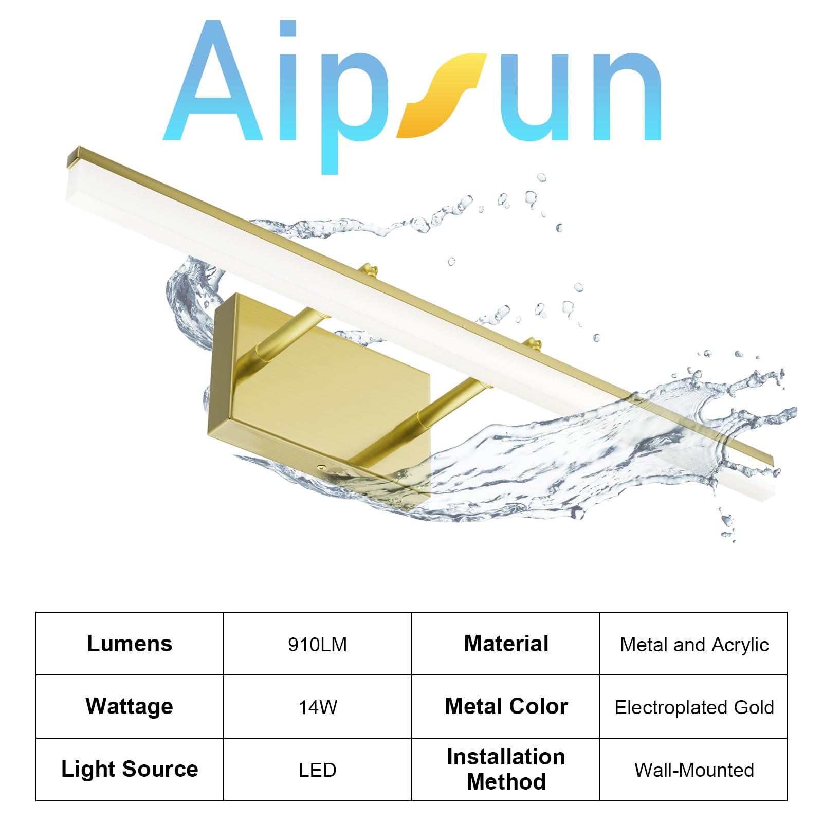 Aipsun Bathroom Vanity Light LED 24inch Brushed Gold Frosted Acrylic Modern Over Mirror Lighting