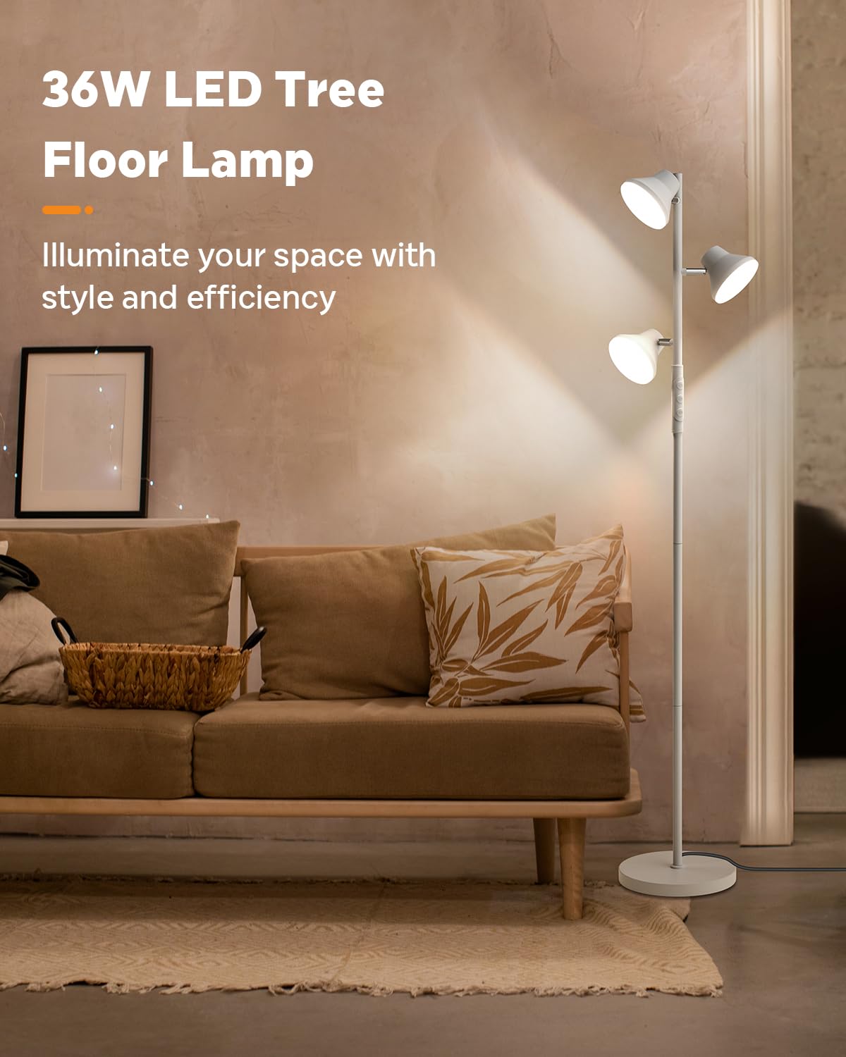 Sibrille Led Tree Floor Lamp Silver, 36W Super Bright Standing Lamp With Remote Control, 4 Color Temperatures, 3 Rotatable Led L