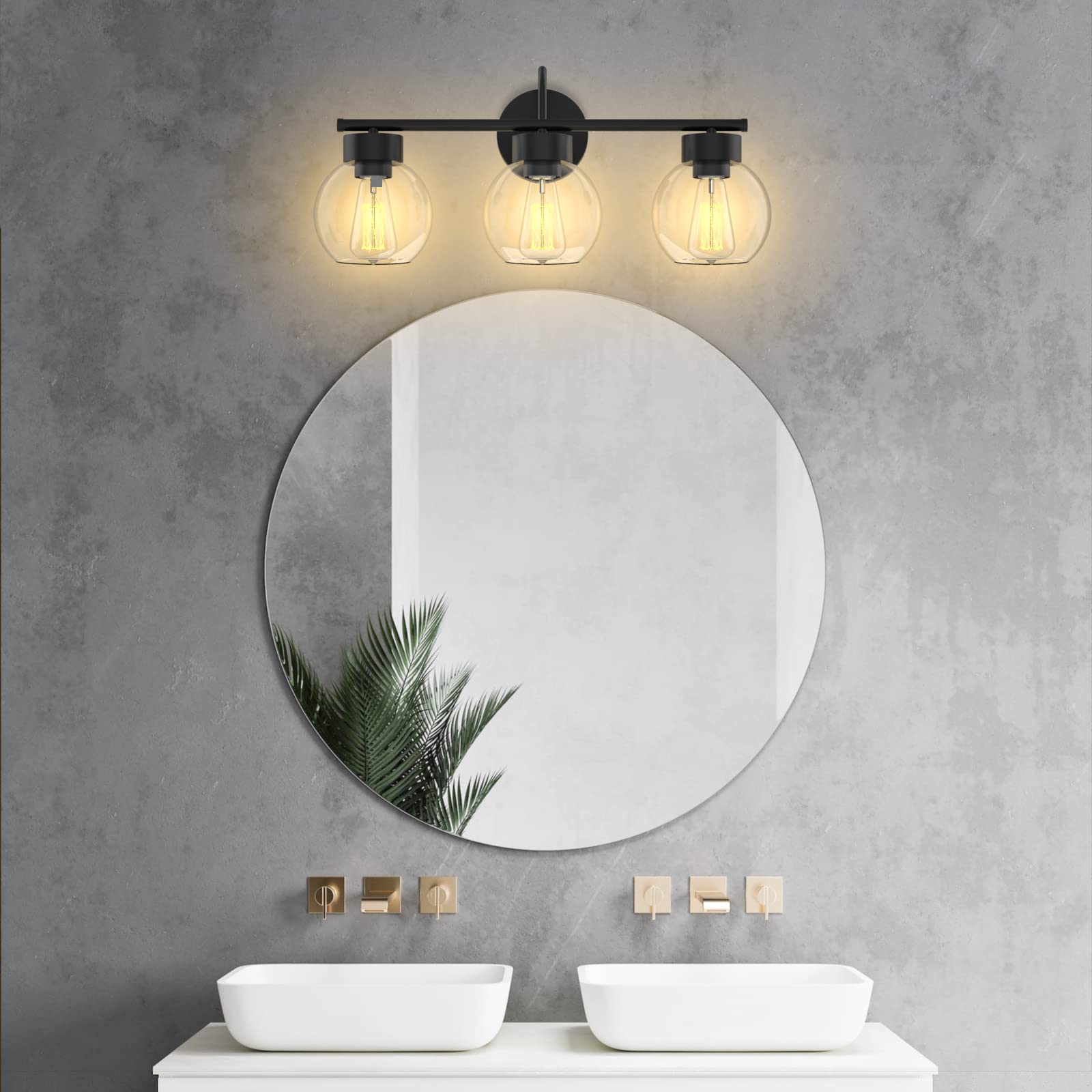 EAPUDUN Vanity Light Fixture, 3 Light, Matte Black, Aluminum, Clear Glass Shades, Industrial Style for Bathroom Over Mirror