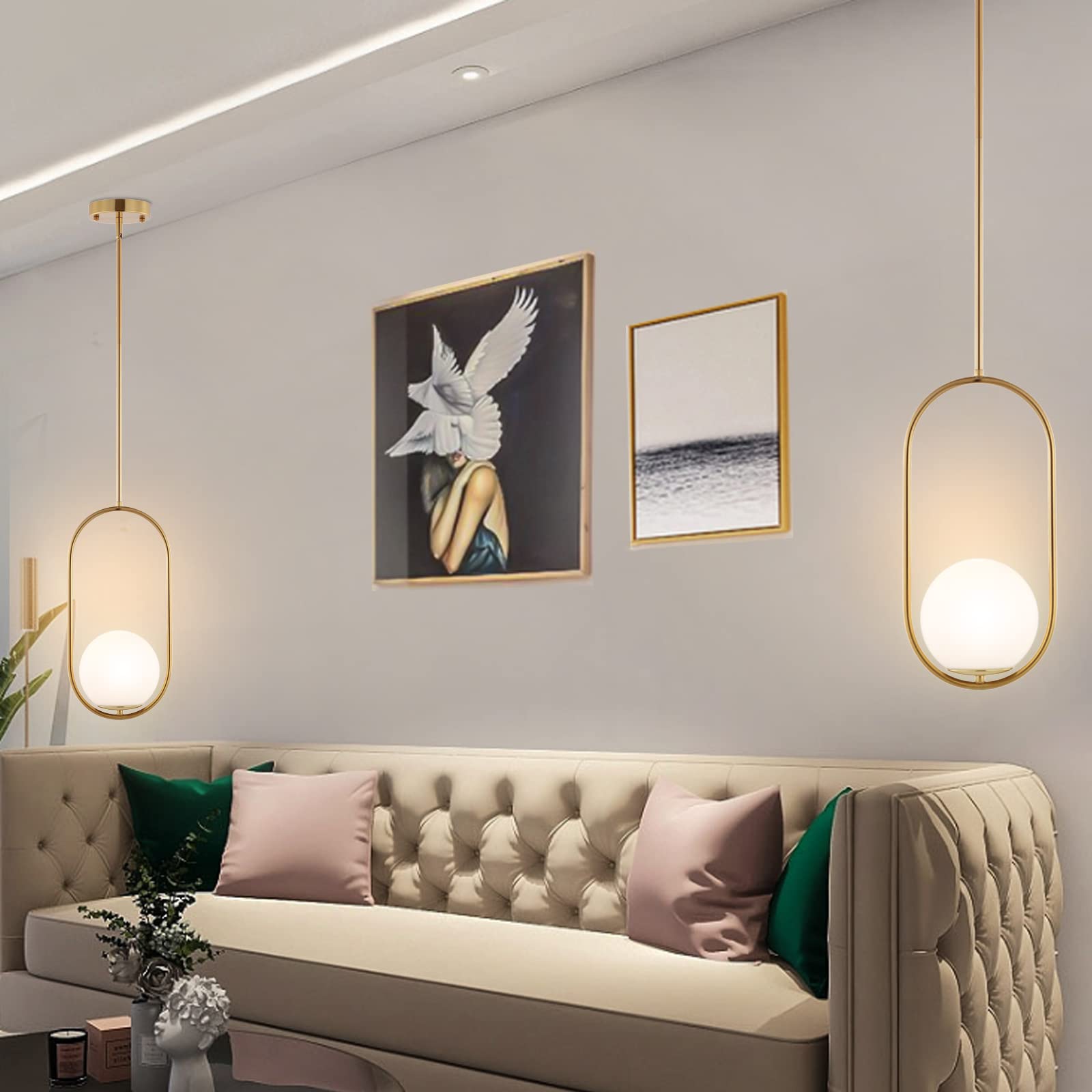 BYOLIIMA Modern Gold Globe Pendant Light, 1-Light Brushed Brass Chandelier with White Glass Shade for Kitchen Island & Dining Room