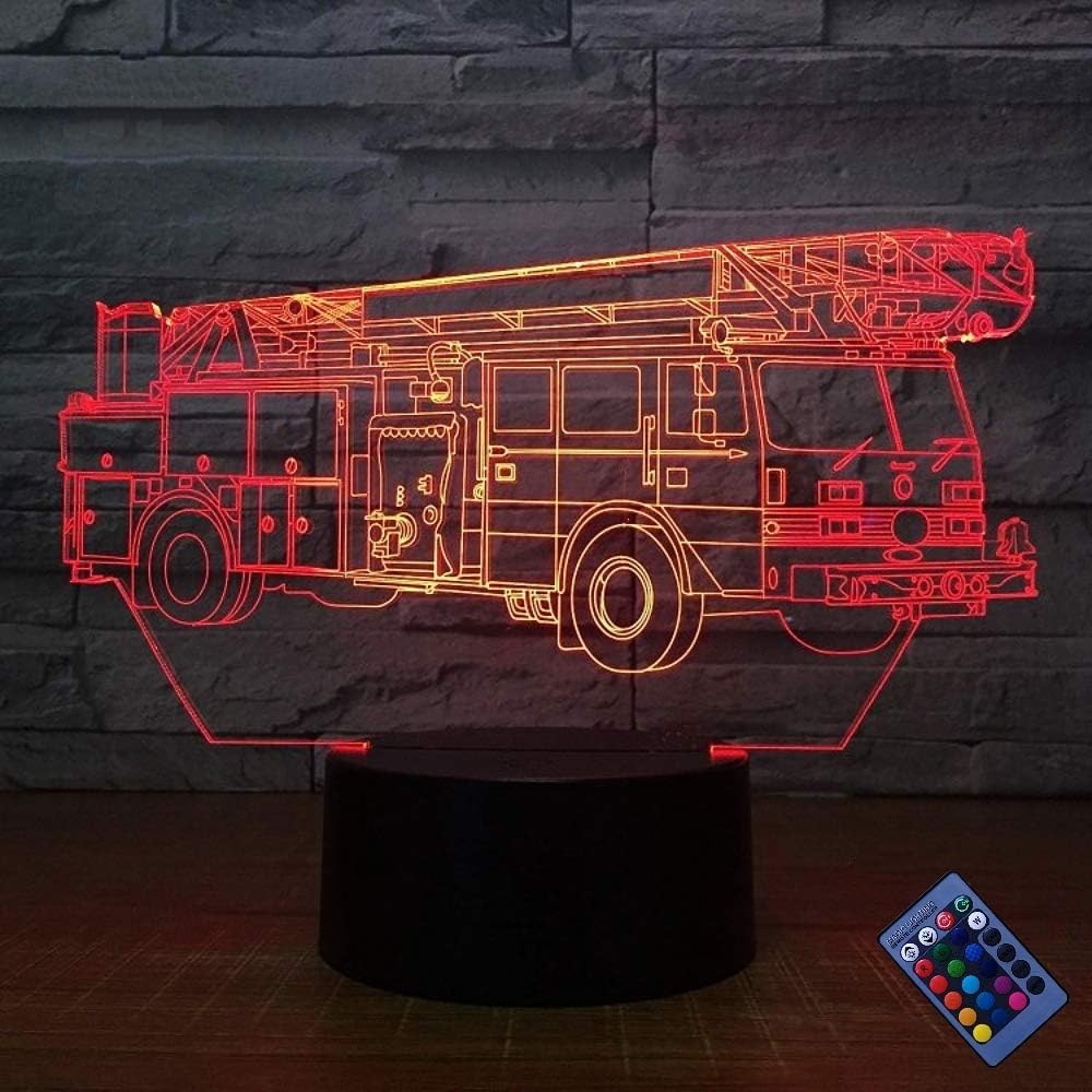 YTDZLTD 3D Fire Truck Night Light USB Remote Control 16 Colors Optical Illusion Lamp Multicolored