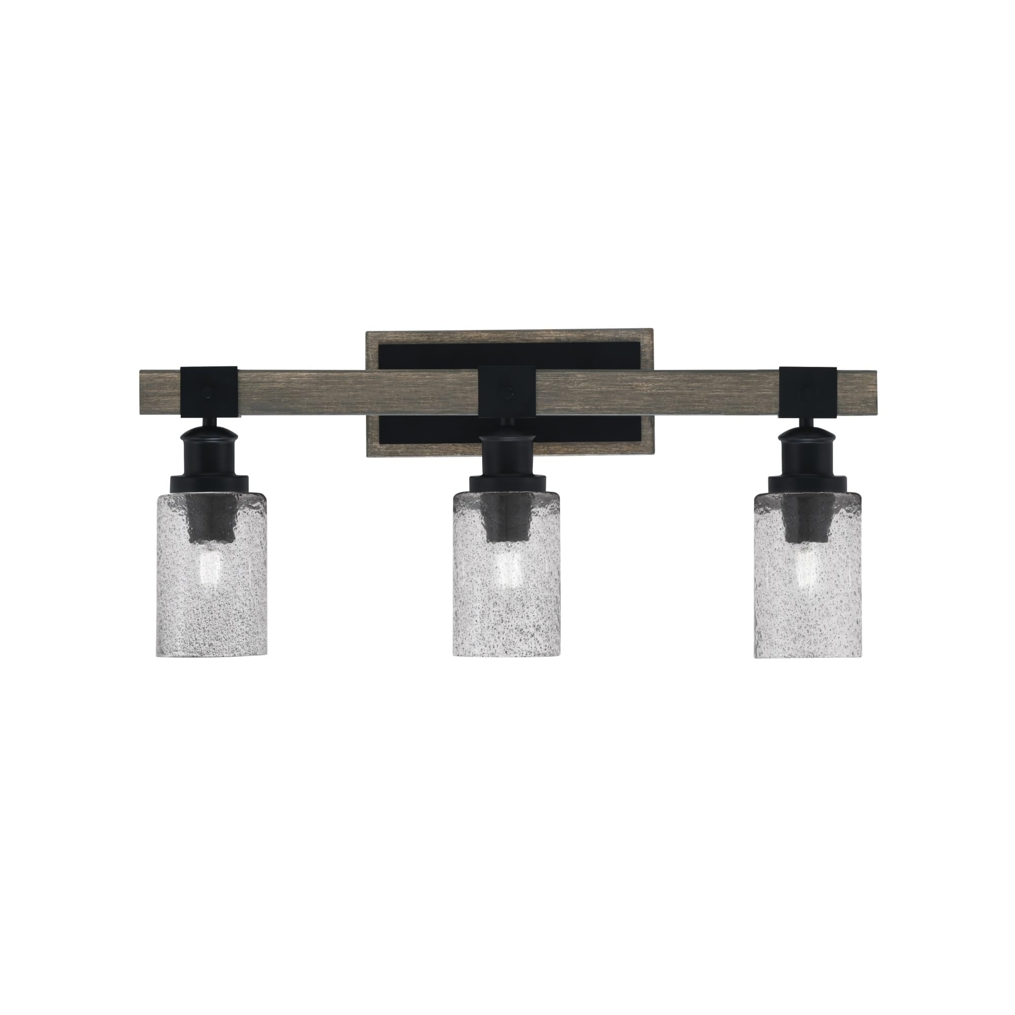 Toltec Lighting Tacoma 3 Light Bath Bar, Matte Black & Distressed Wood Finish, 4in Smoke Bubble Glass