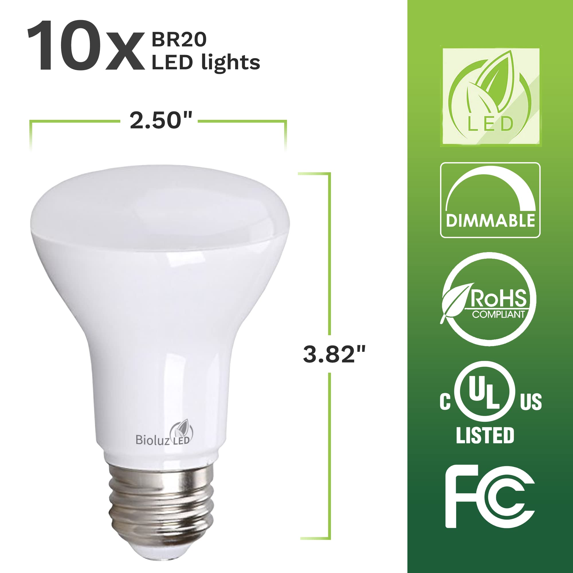 Bioluz LED BR20 LED Bulb 5000K Daylight 6W 90 CRI 540 Lumen 10 Pack Plastic