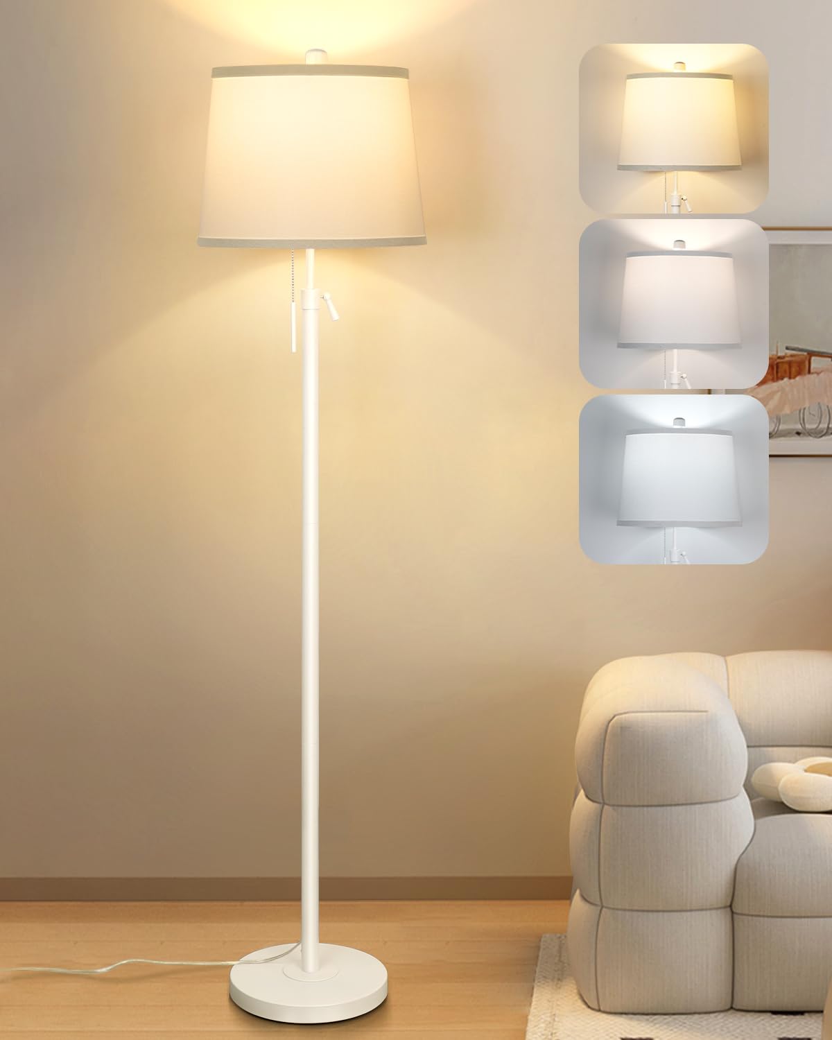White Floor Lamp For Living Room 55-65'' Adjustable Height Modern Standing Lamp With Pull Chain Tall Pole Light With White Shade