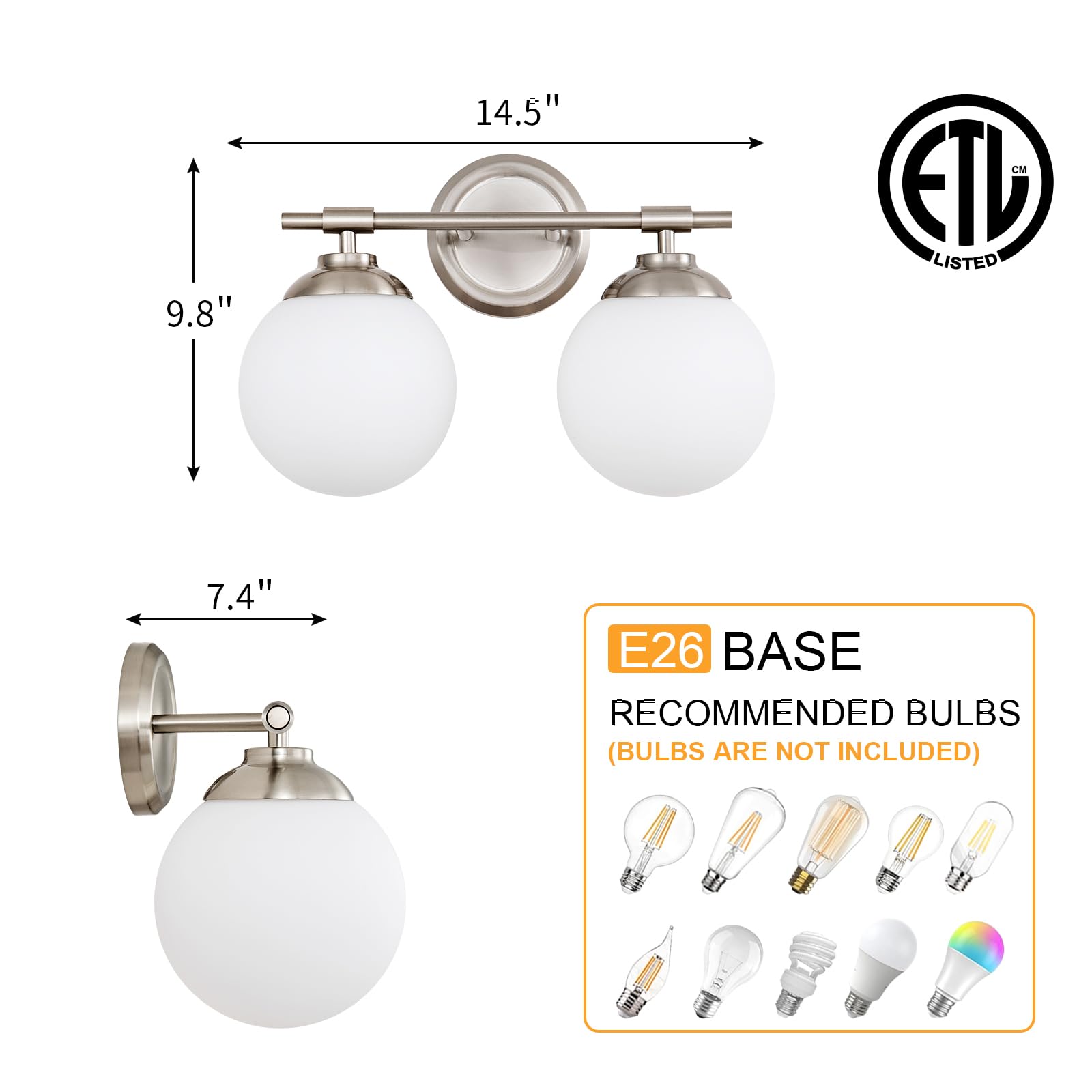 Rayogale Sand Nickel Bathroom Light Fixtures, 2 Light Vanity Lights Over Mirror, Mid Century Vanity Lights For Bathroom, Milk Wh