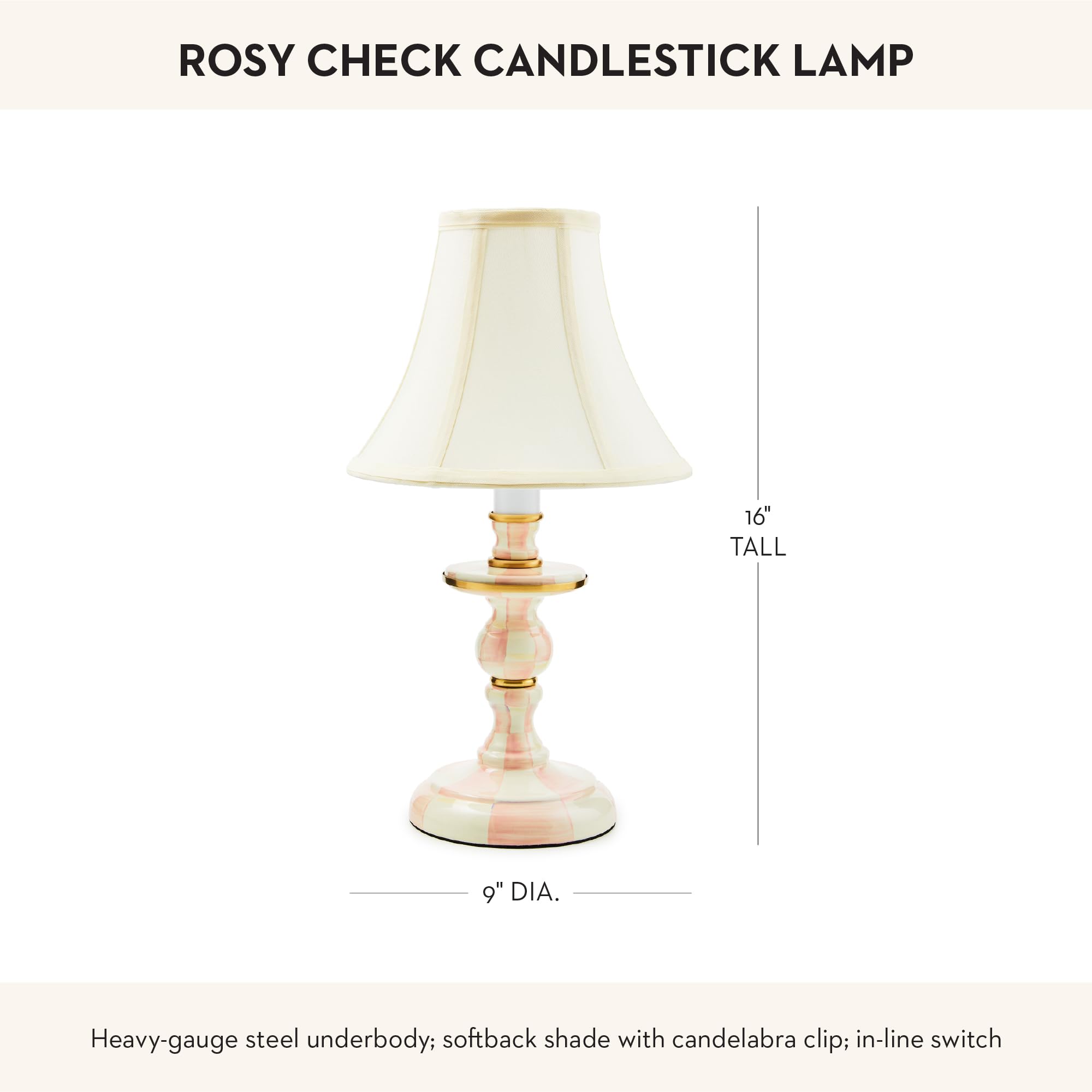 Mackenzie-Childs Candlestick Lamp, Decorative Lamp For Living Room Or Bedroom, Pink-And-White Rosy Check