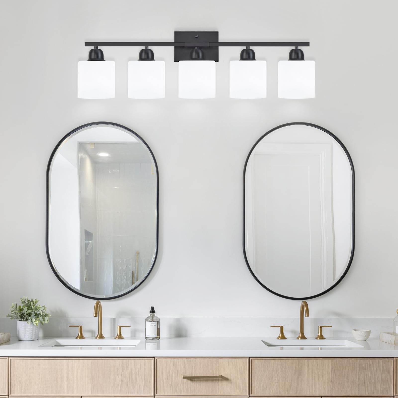 FAISHILAN 5-Light Black Vanity Light Fixture with Milky White Glass Shades, Modern Design for Bathroom, Bedroom, Hallway, E26 Base