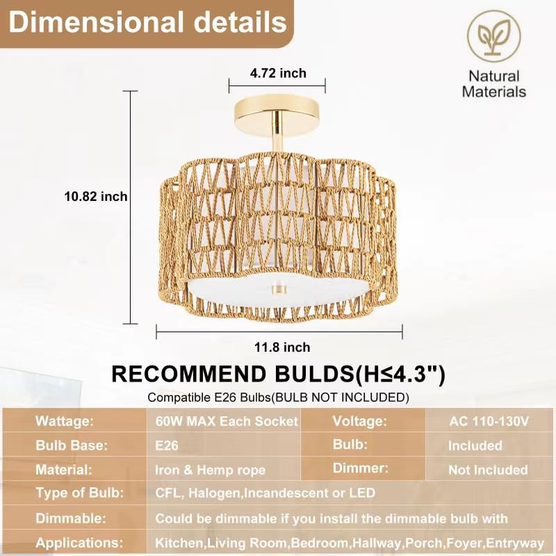 Tbaoinla Bedroom Light Fixture Boho Light Fixture - 3-Light Gold Light Fixture Rattan Light Fixture For Lights For Bedroom Hallway Dining Room Farmhouse Kitchen& Home Decor Plum Flower Design