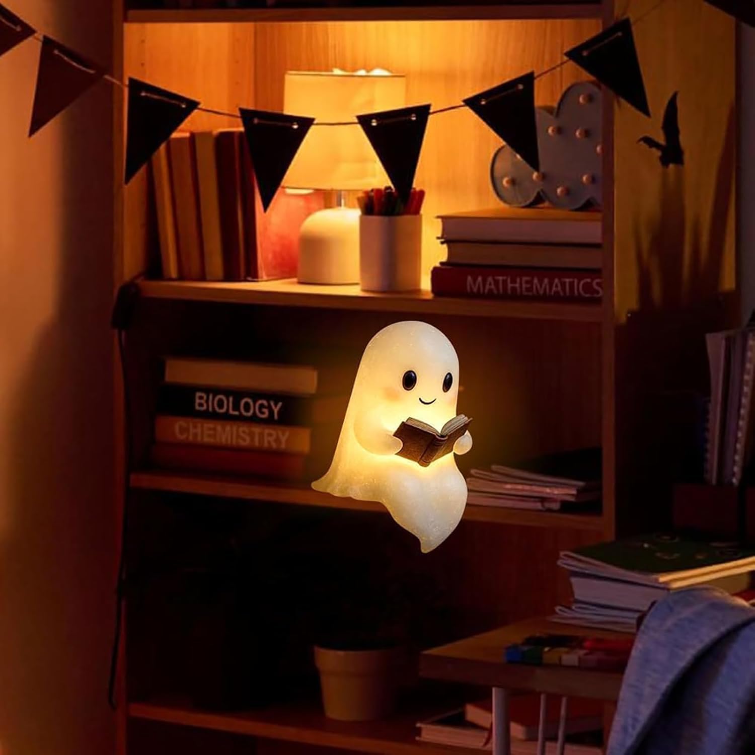 XUANDOH Ghost Reading Book Lamp, Ghost Lamp Halloween Cute 3D LED Night Light, Light Up Ghost Statue Night Light House Mantel De
