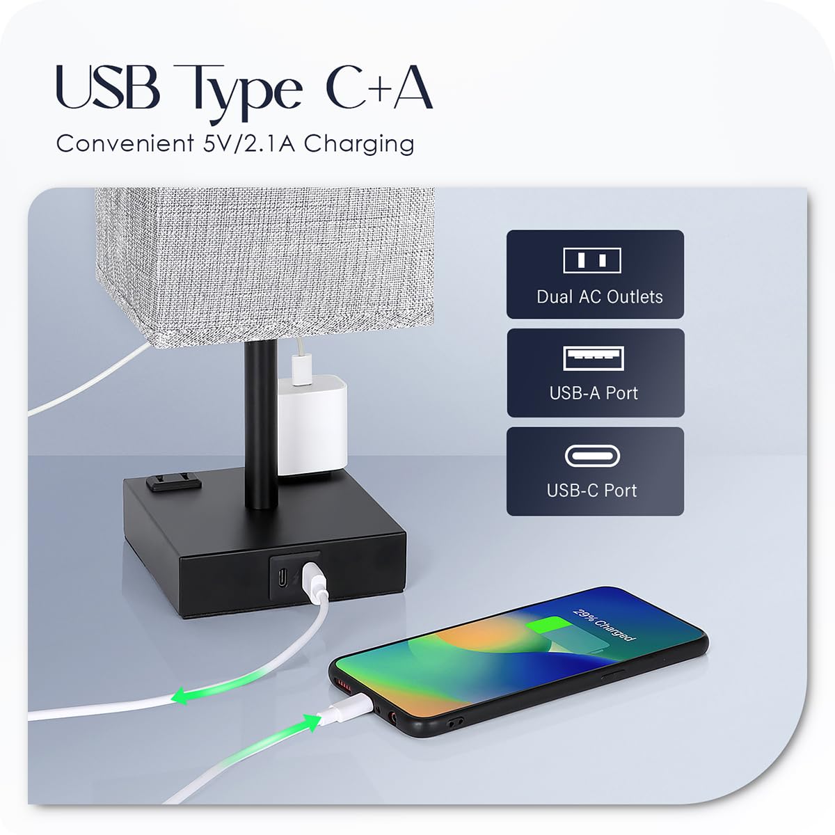 Soilsiu Touch Control Table Lamps Set of 2, Grey Fabric Shade, 3-Way Dimmable, USB C+A Charging Ports, Model TD-016S