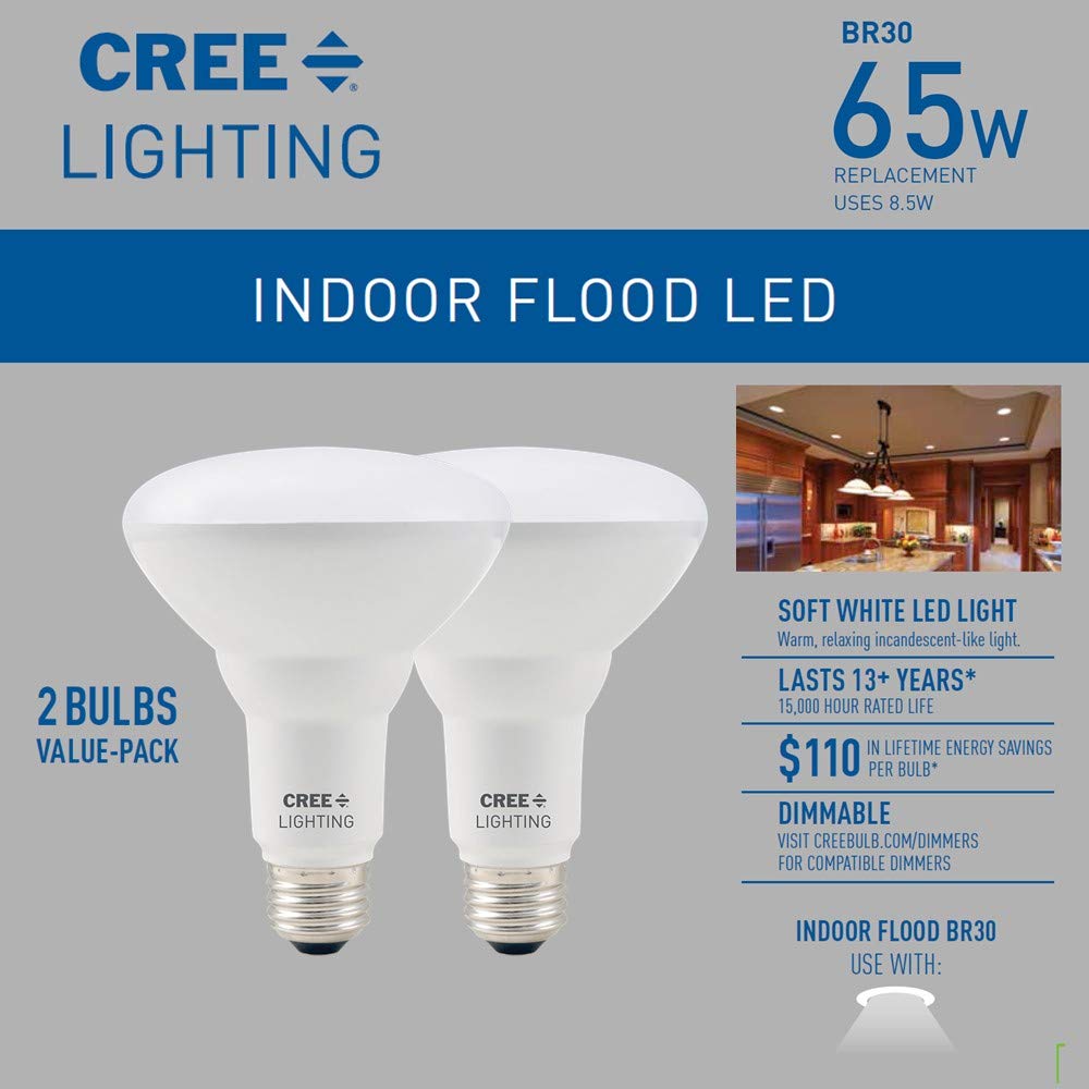 Cree Lighting BR30 LED Bulbs, Dimmable Soft White 2700K, 650 Lumens, 2-Pack, 15,000 Hour Rated, Plastic