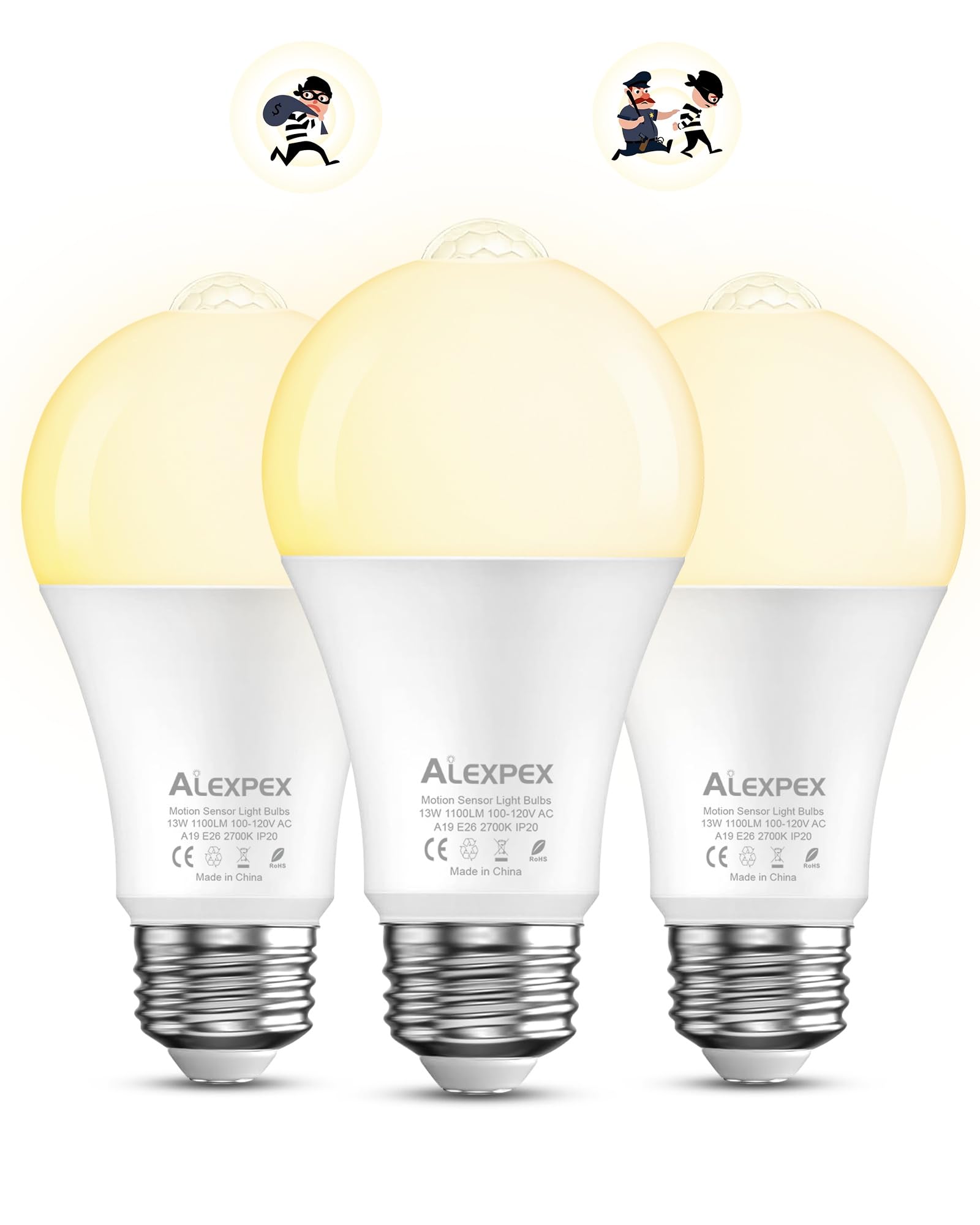 Alexpex Motion Sensor Light Bulbs, 13W(100W Equivalent) 1100Lm Motion Activated Auto Dusk To Dawn Led Bulb, A19 E26 2700K Warm W