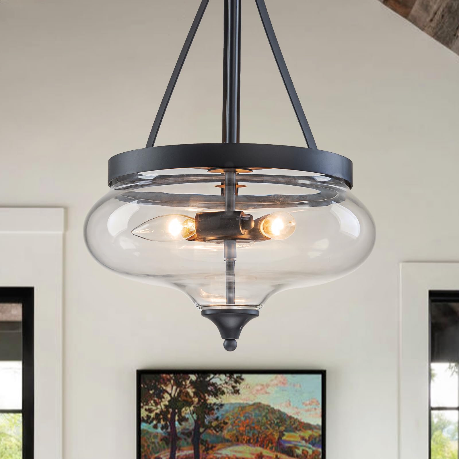 Zicbol 12.6 Clear Pear-Shaped Glass Chandelier 3-Lights Modern Black Pendant Light Fixture for Kitchen Island, Living Room, Hall