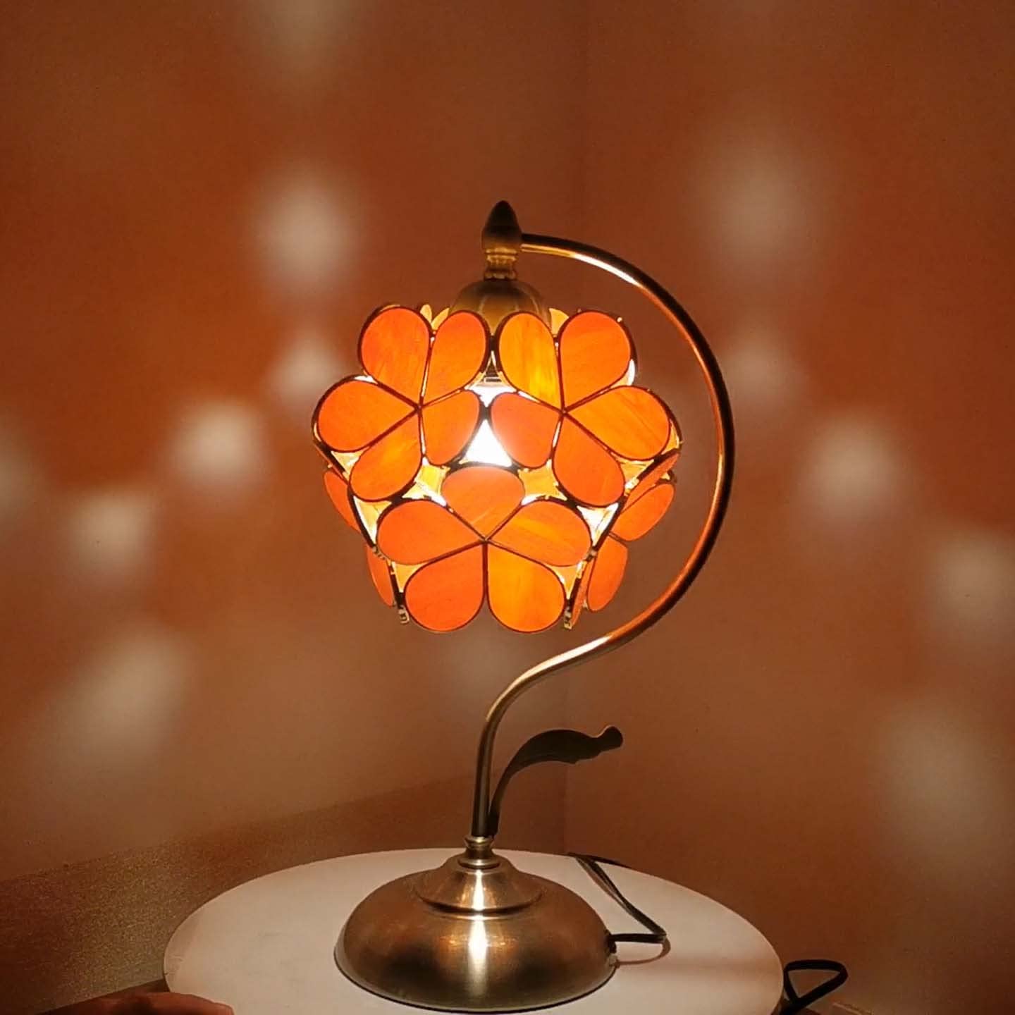 Bieye L10753 Tiffany Style Stained Glass Flower Petal Table Lamp With Brass Base For Home D  Cor (Orange, 8'' Cherry Blossom)