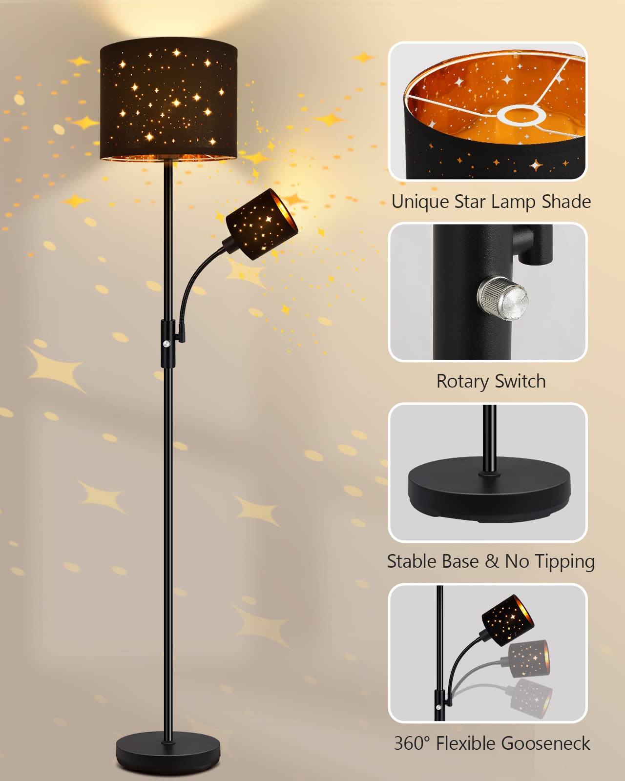 Floor Lamp Black, Reading Standing Lamps For Living Room, 62'' Tall Torchiere Lamp For Kids Room, 3-Way Switch, Star-Gold Lampsh