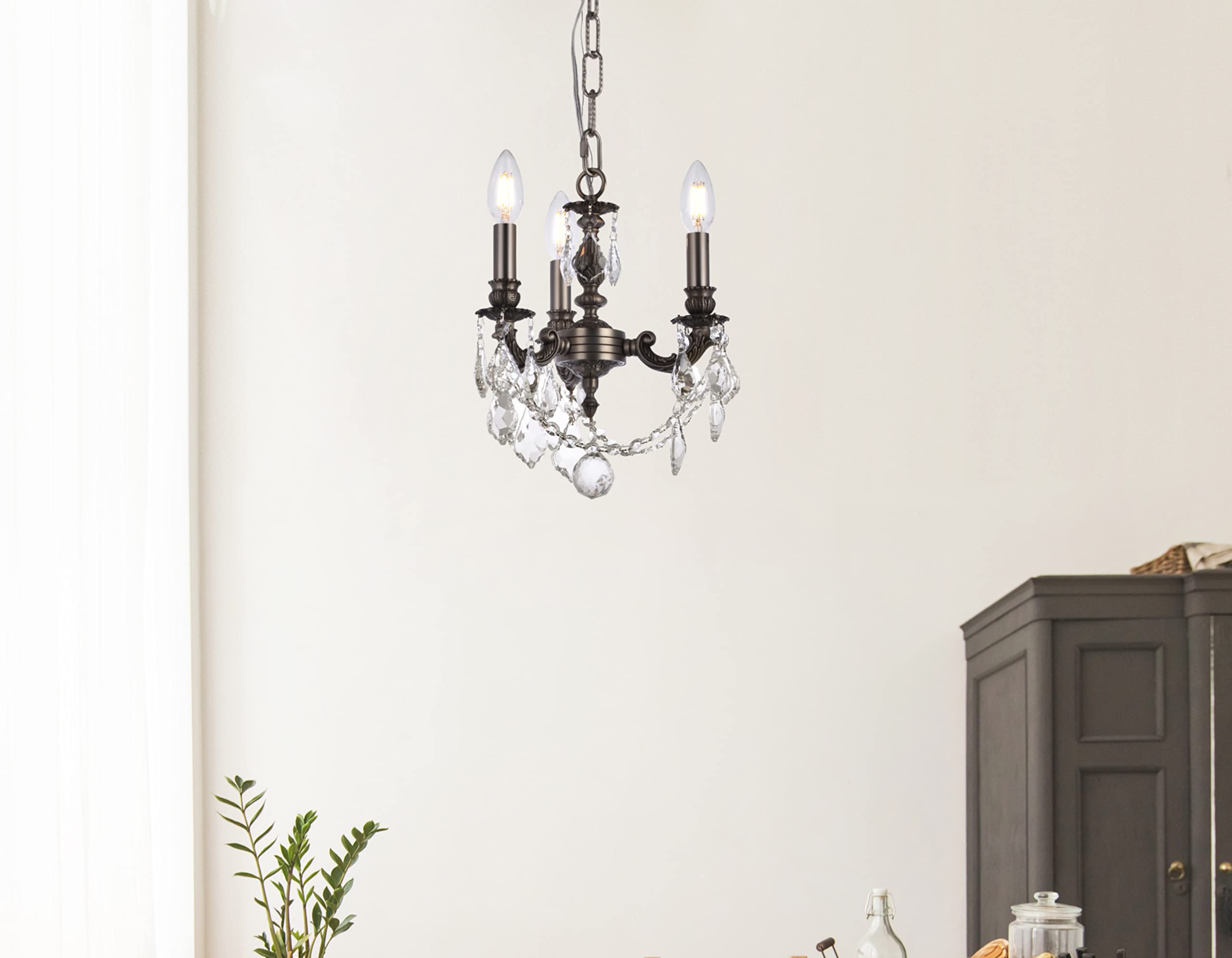 Elegant Lighting Lille Collection 3-Light Hanging Fixture with Royal Cut Crystal, Dark Bronze Finish