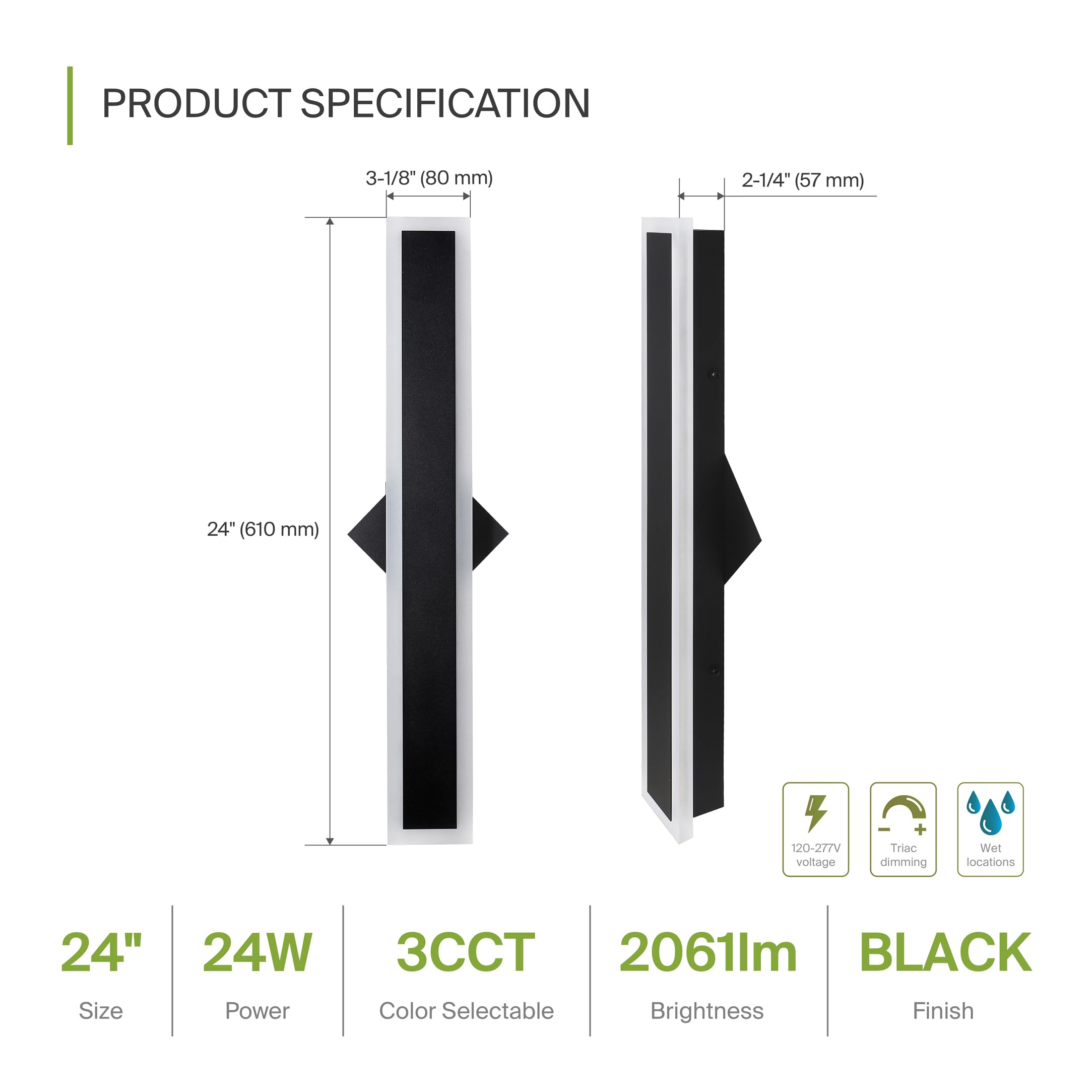 ASD LED Wall Mount Light Fixture, 24W 2000LM, Dimmable, 3CCT, Waterproof, 24 Inch, Black, Model A-LWS27N-24