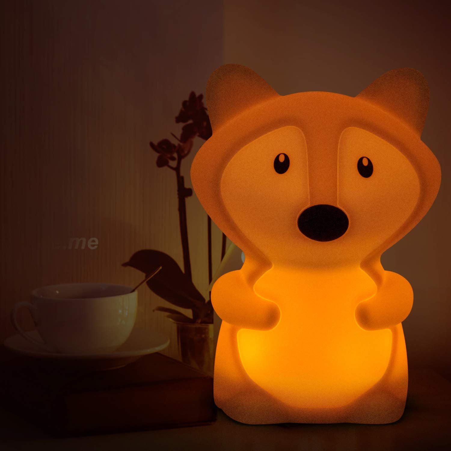 Tianhaixing Fox Kids Night Light, LED Rechargeable Child Lamp, RGB 9 Colors, Touch Control, Silicone, White, Model THX8858