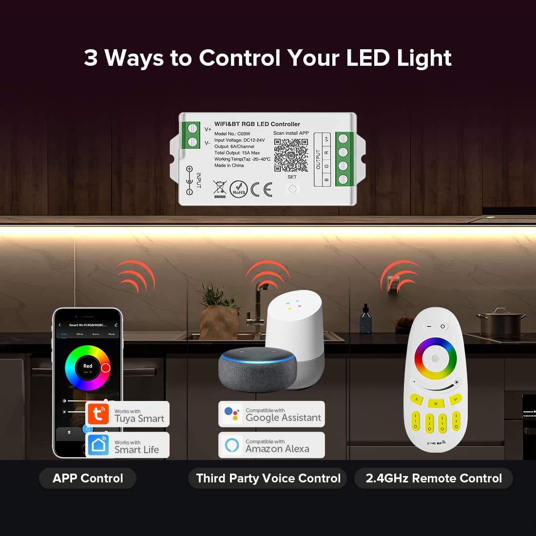 SEZO RGB WiFi Bluetooth LED Strip Controller, Model M1C03W, Smart Life App Compatible, DC12-24V, Group Control