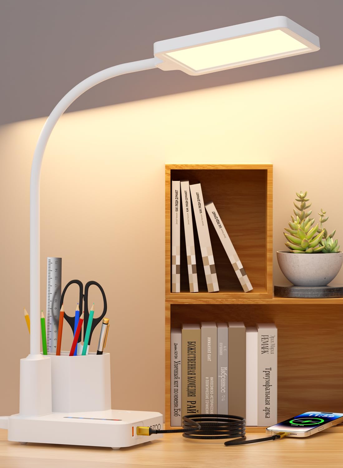 Desk Lamp, LED Desk Lamps for Home Office with 2 USB Charging Port/Outlet/Organizer,Desk Lamp for College Dorm Eye-Caring Study 