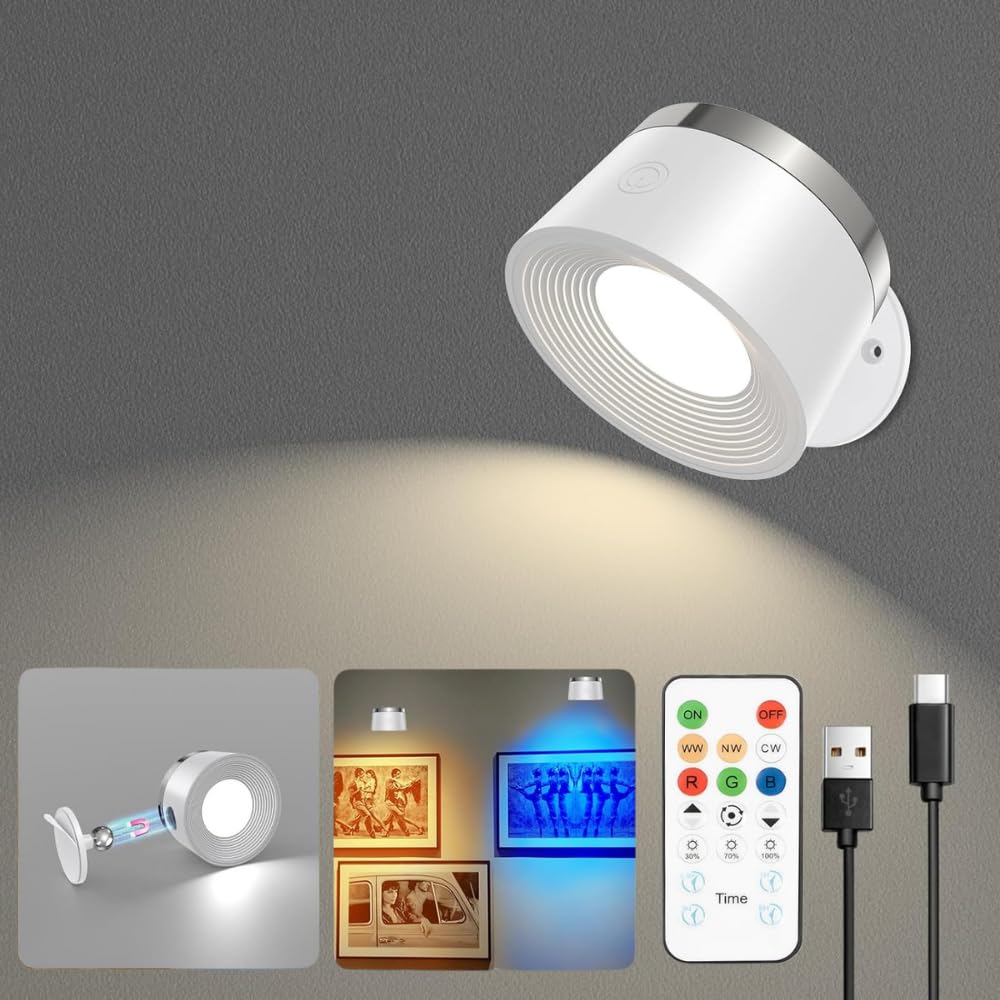 Speclux LED Wall Sconces Set of Two, Rechargeable, Remote Control, Wireless, 3 Color Temperatures, Dimmable, White, Model BS-WL005C-1