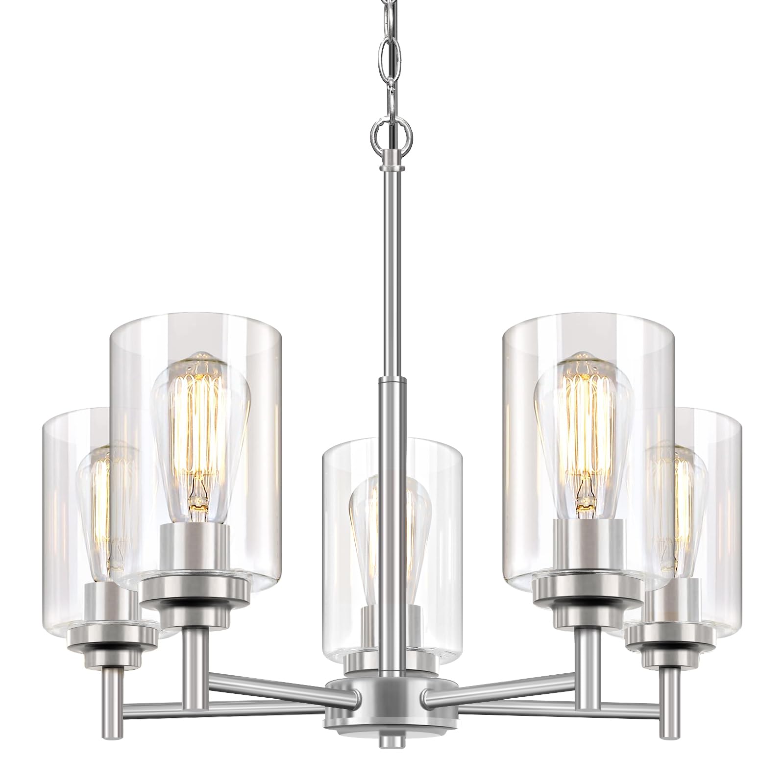 5-Light Chandelier For Dining Room Kitchen Island Modern Farmhouse Pendant Lighting With Clear Glass Shades Industrial Brushed N