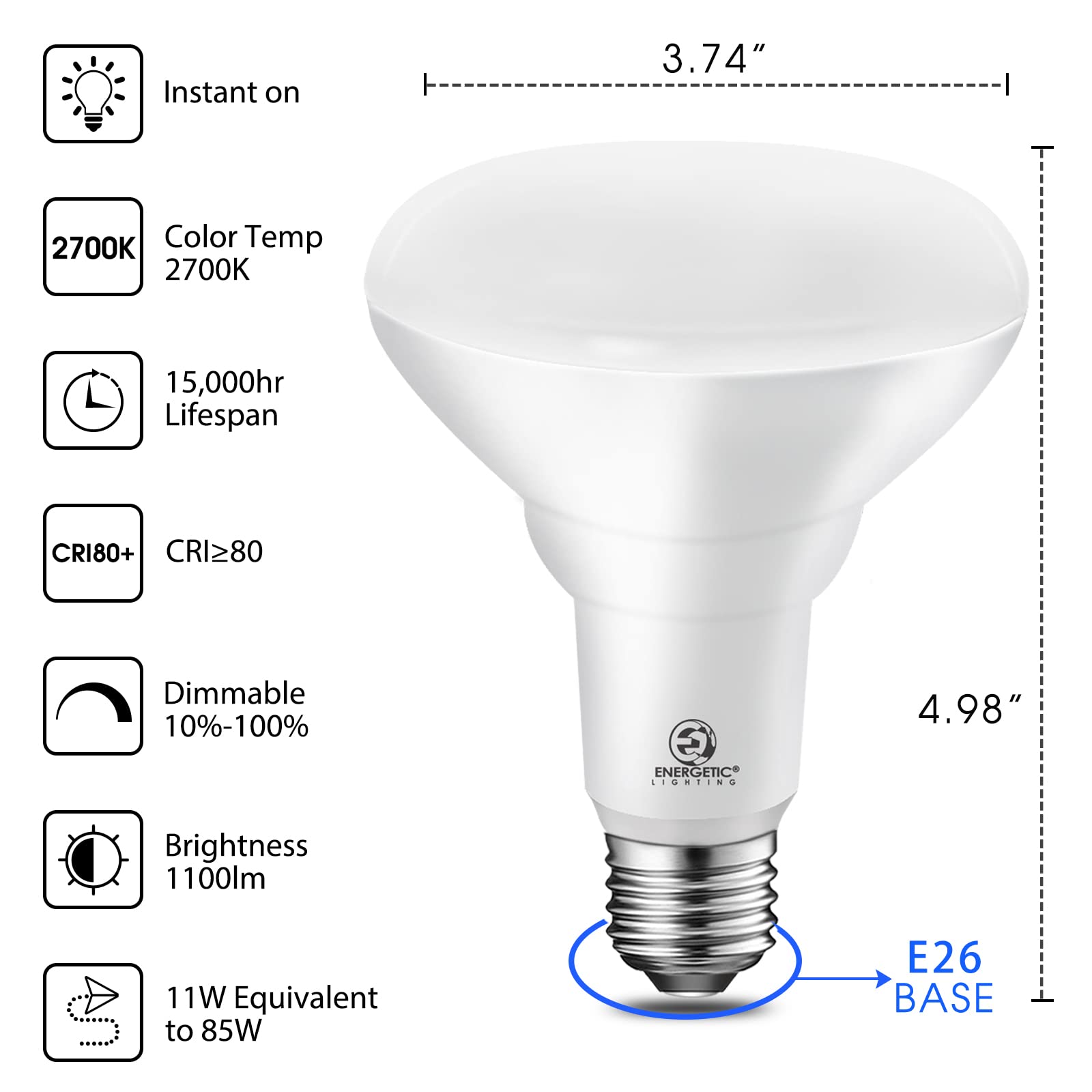 Energetic 6 Pack Led Recessed Light Bulbs Br30, 1100 Lumens, 85W Equivalent, Dimmable, Soft White 2700K, Indoor Flood Lights For