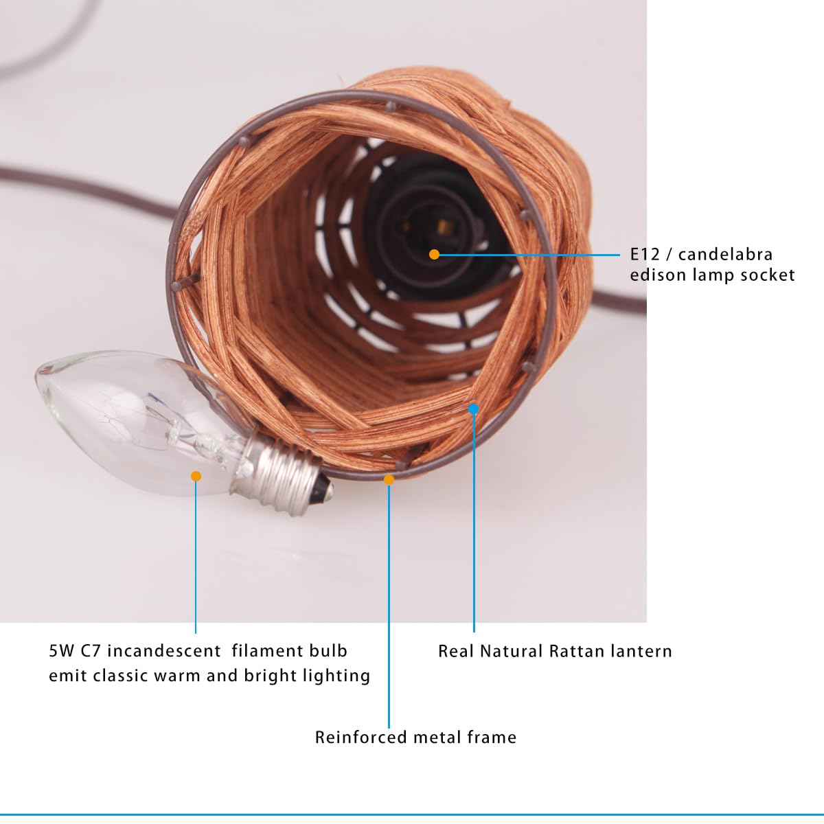 Maindeco Natural Rattan String Lights, 10 Rustic Raffia Cage Lights,16 Ft Plug In & Connectable Wicker Lights, Rustic Farmhouse