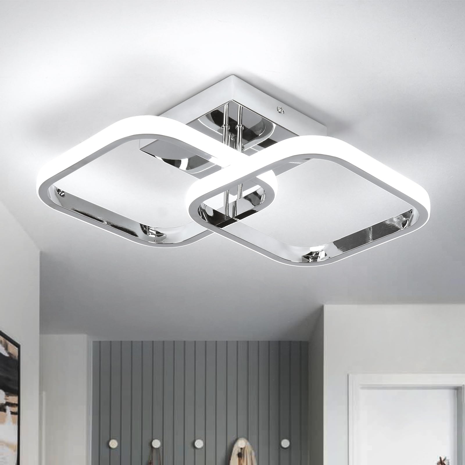 CANEOE Led Ceiling Light Fixture, Square Modern Design, 6000K Chrome Finish, Metal, Model GDD-SFSL-C-US