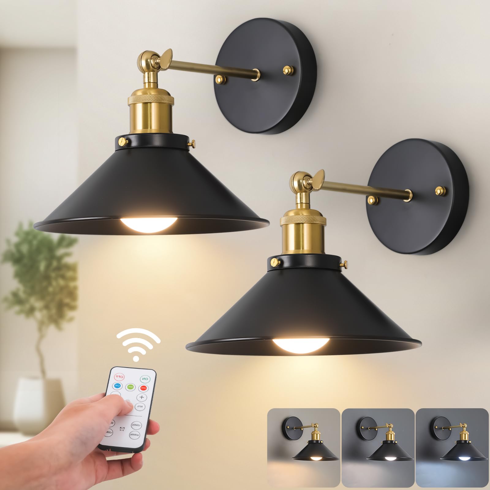 Bailoch Black & Gold Vintage Rechargeable Battery Operated Wall Sconces, Cordless Battery Powered Led Wall Lights Set Of 2, Wall