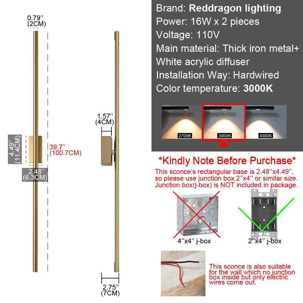 Reddragon Lighting Set Of 2 Dimmable Hardwired Linear Gold Led Wall Lamp 1-Gang Long 40 Inch Vanity Wall Sconce For Living Room Bedroom Bathroom Corridor Mirror (2 Pack, 40'', Gold, Dimmable)
