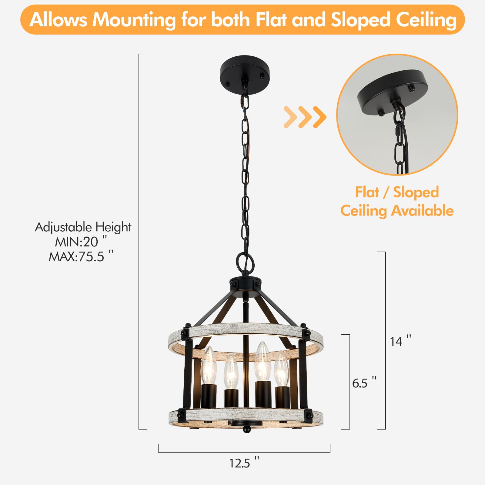 4-Light Farmhouse Chandelier, 12.5 Inch Rustic Black And Vintage Wood Finish Chandeliers For Dining Room Light Fixture, Adjustab