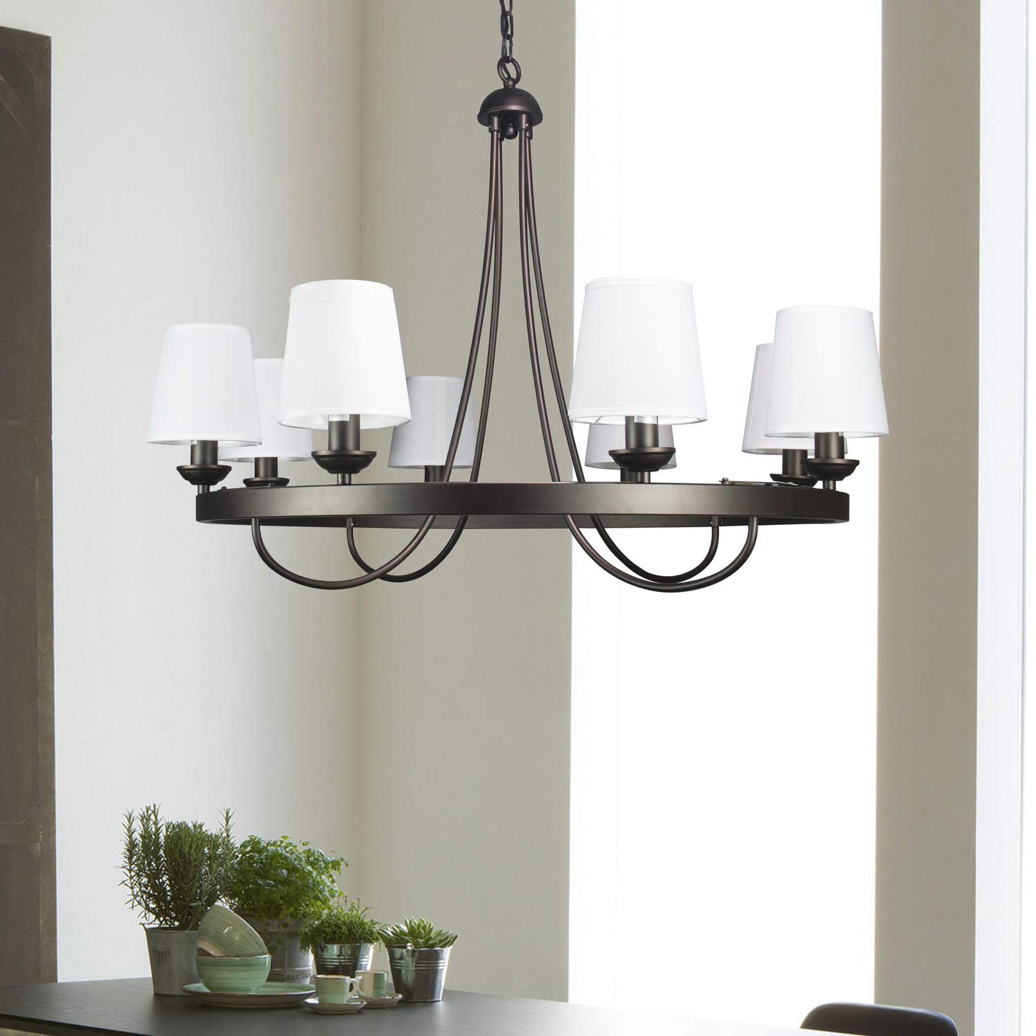 Canyon Home Rustic Wagon Wheel Light Fixture, 8 Bulbs, Vintage Black Frame, White Shades