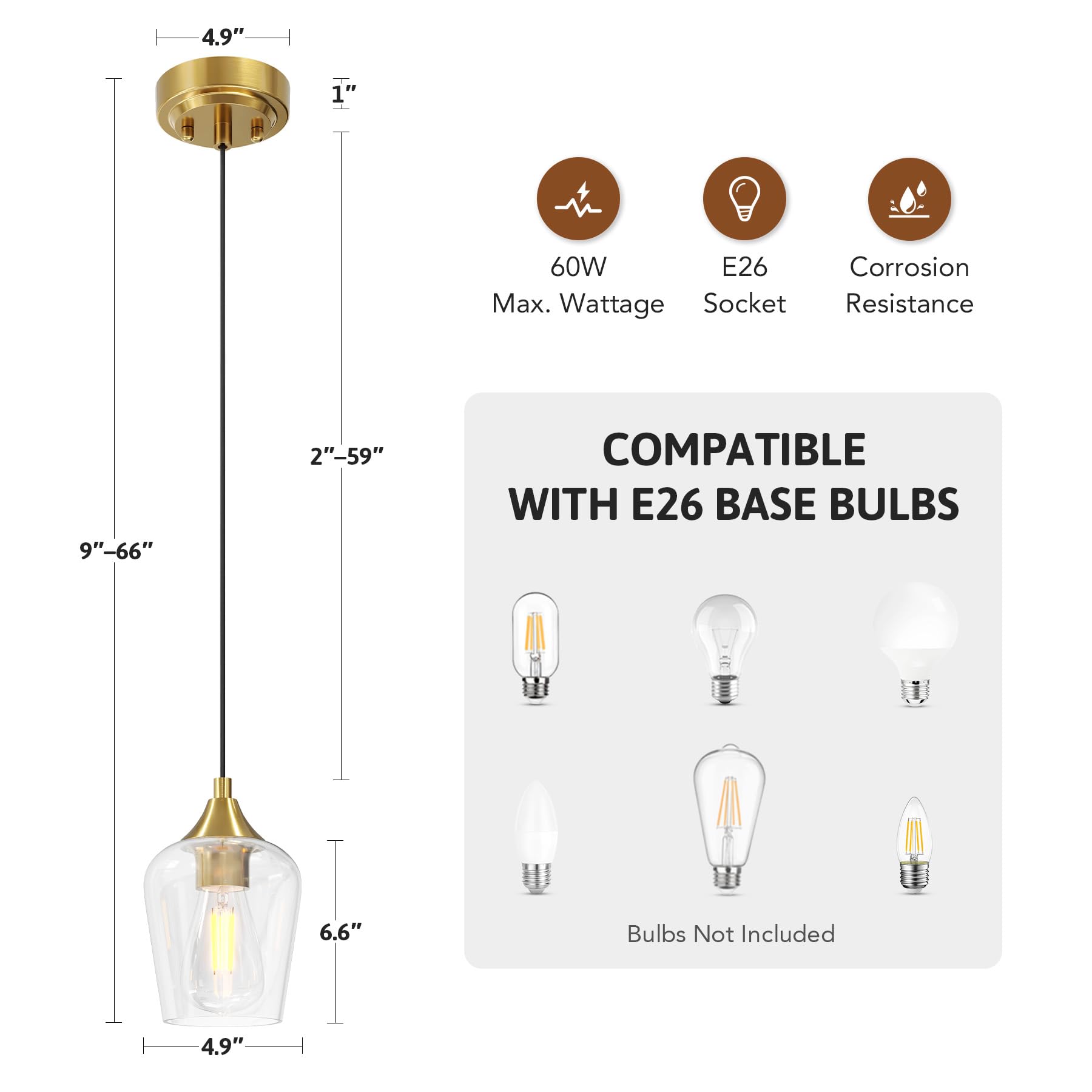 VONLUCE Pendant Lights for Kitchen Island, Brushed Gold, Metal, E26 Base, Adjustable Cable, 2 Packs, Modern Glass Shade