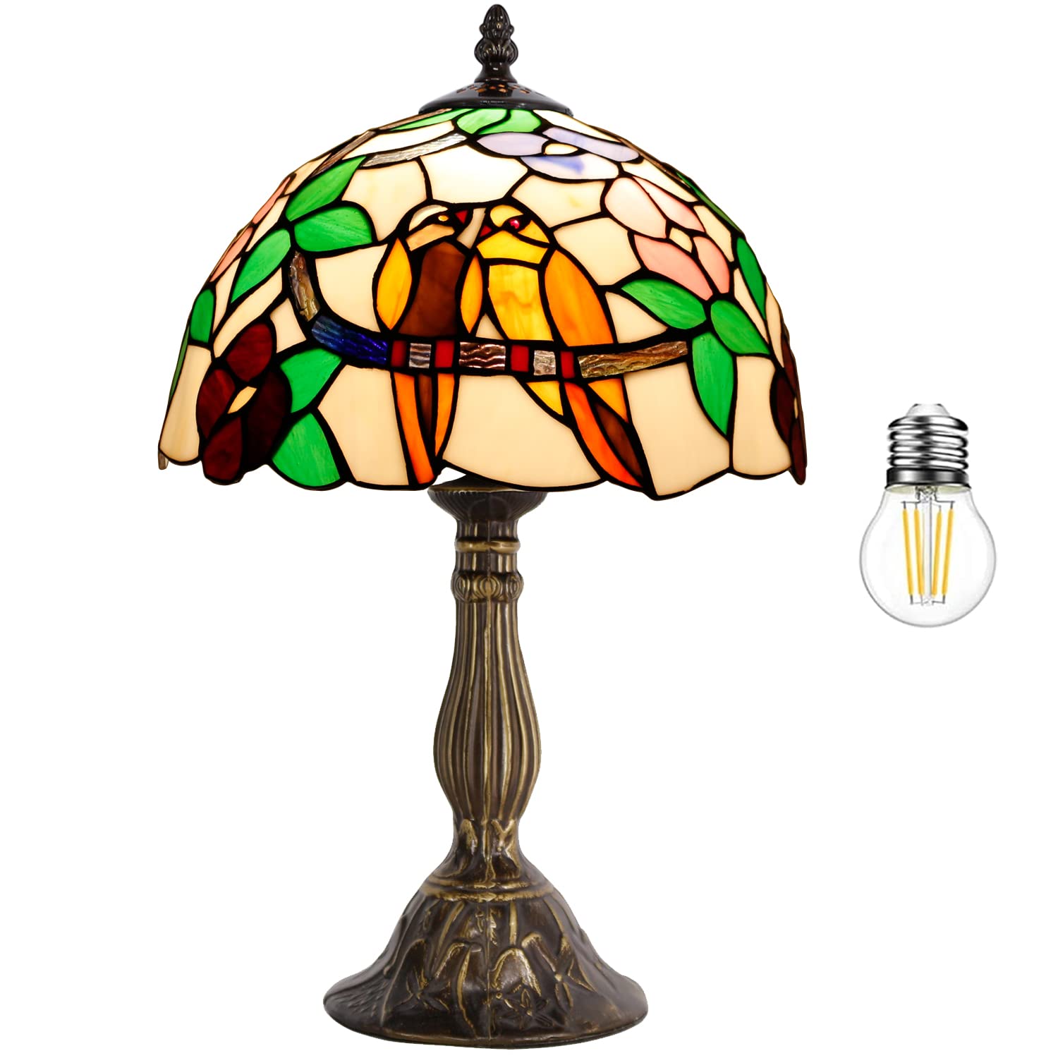 Werfactory Tiffany Table Lamp, Stained Glass Bedside Light, 12X12X18 Inches, Double Tropical Birds S803 Series
