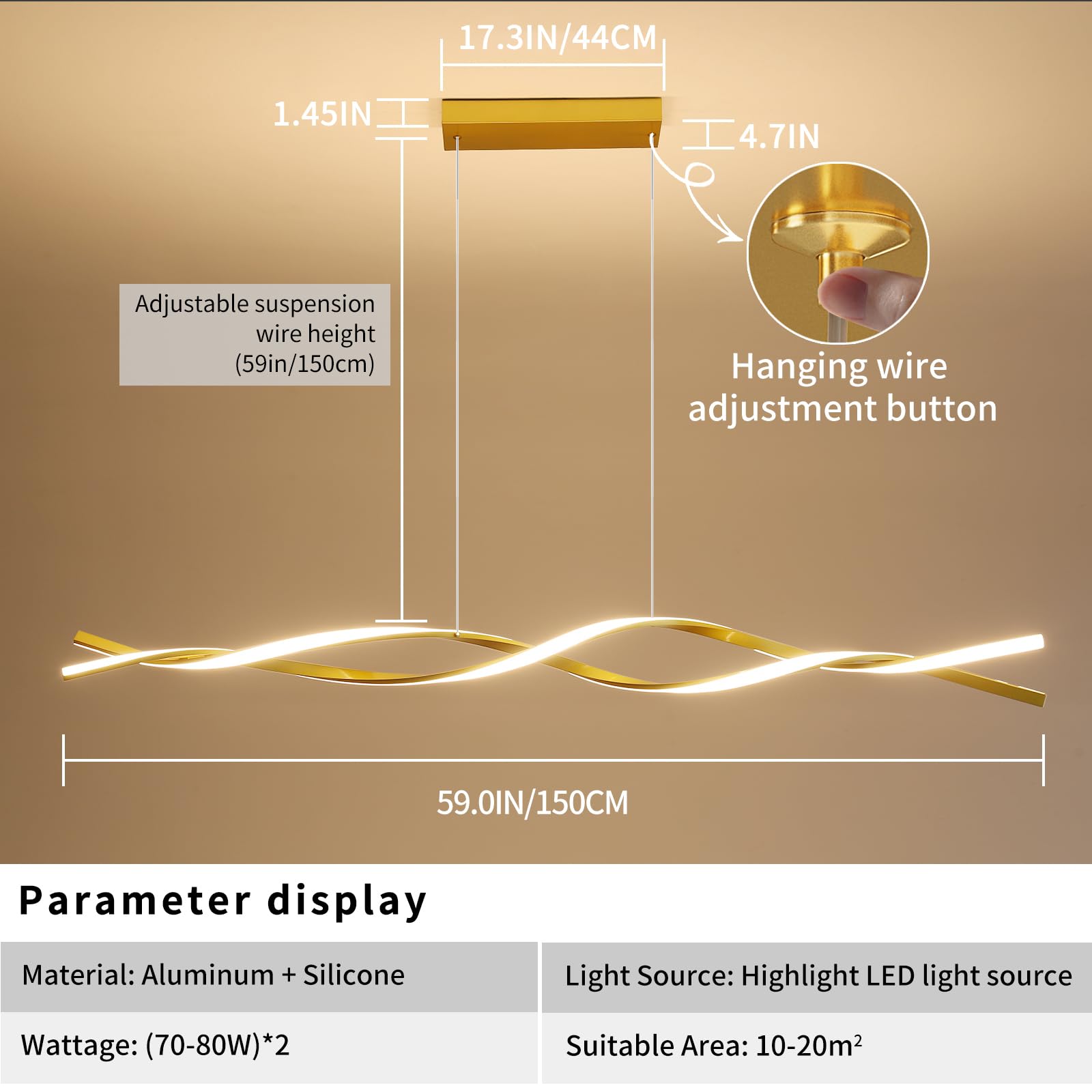 Matven Modern Ceiling Pendant Light, With Remote Control Dimmable 3 Color Mode & Brightness Ceiling Lamp, Anti-Flicker Dining Light Fixture For Kitchen, Dining Room (Gold, 59In)