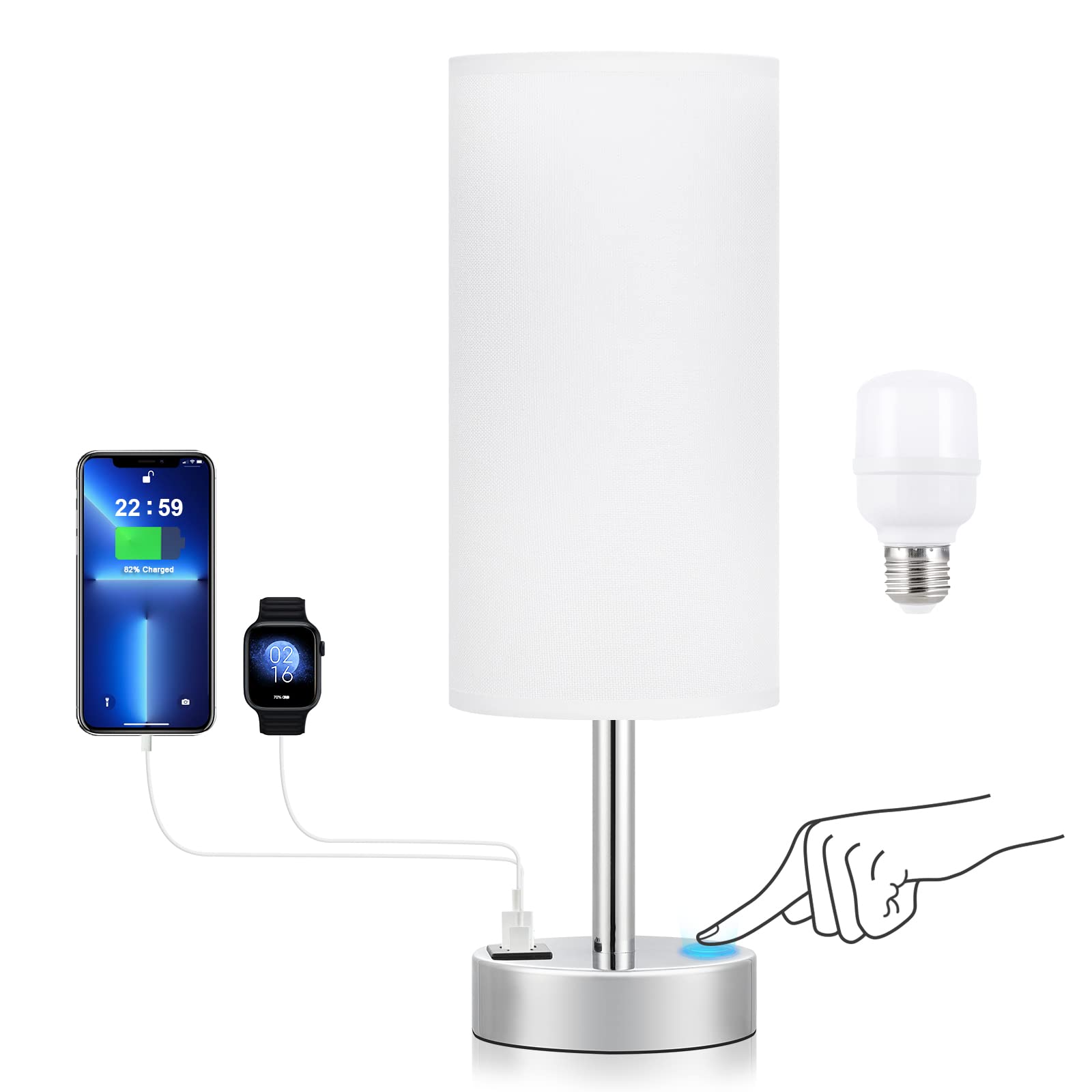 White Bedside Touch Table Lamps for Bedroom Nightstand with USB-C USB-A Charging Ports White, 3 Way Dimmable Control Small Lamp 