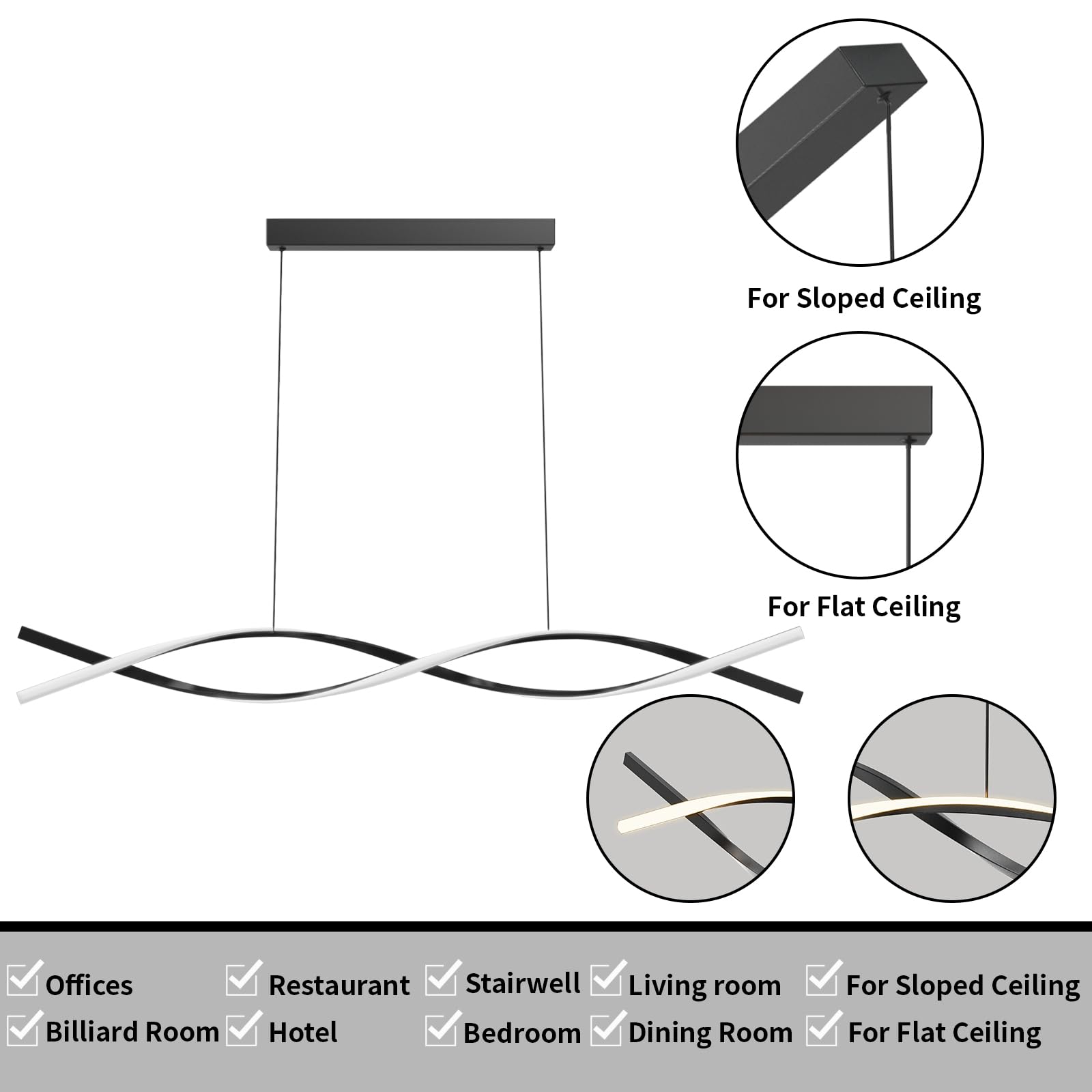 Zihoi 47in Modern Kitchen Island Pendant Light, Dimmable LED Chandelier, Black Metal, Model LX