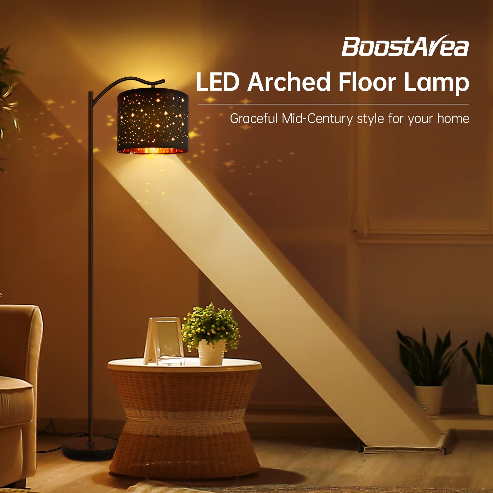 BoostArea Arched Floor Lamp - 8W LED, Metal, Black, Bohemian Linen Shade, Footswitch, Modern Standing Lamp for Living Room & Office