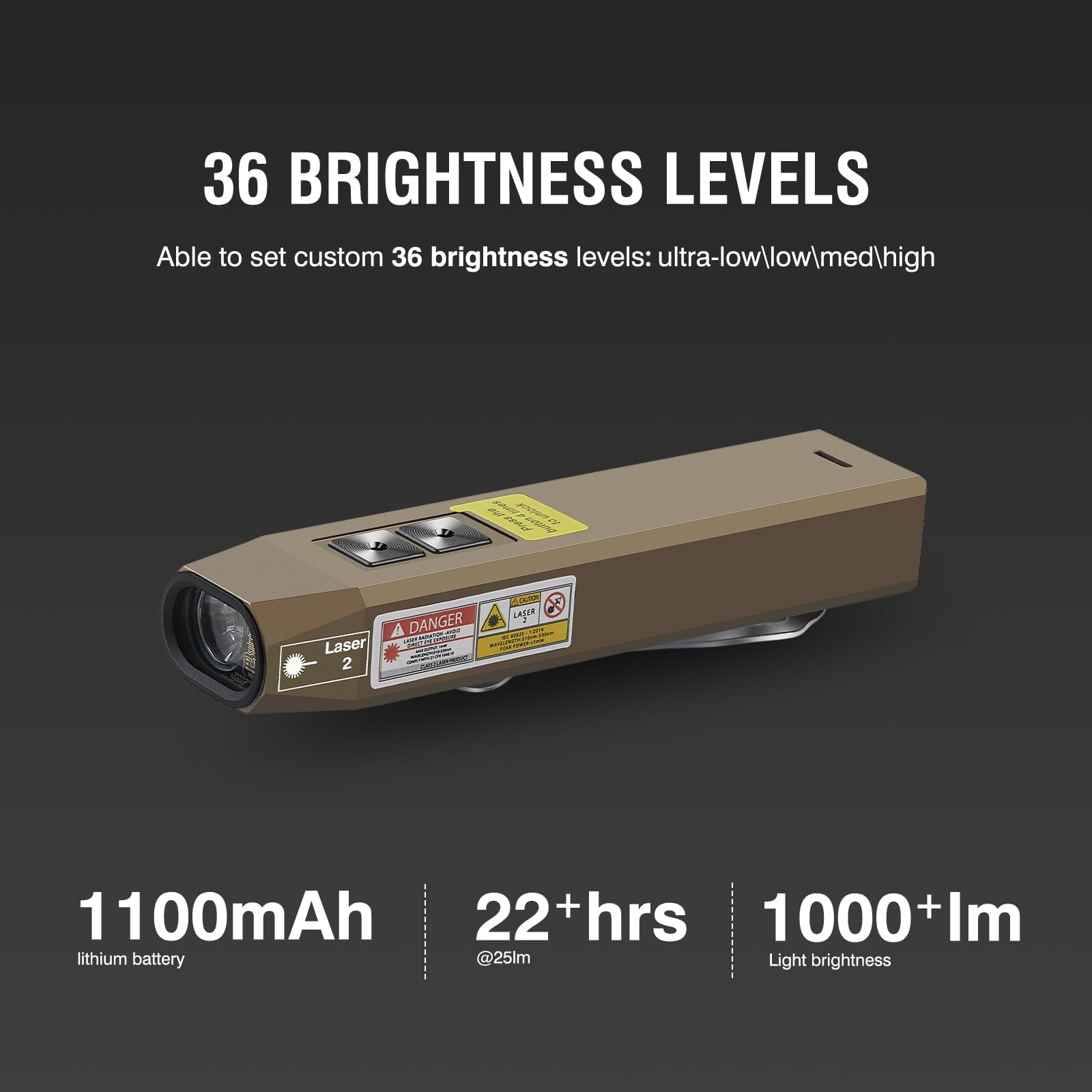 ERITOM EDC Flashlight 1000 Lumens Rechargeable with Green Beam, USB-C, Magnetic Base, 10W, Brown, Model ER01