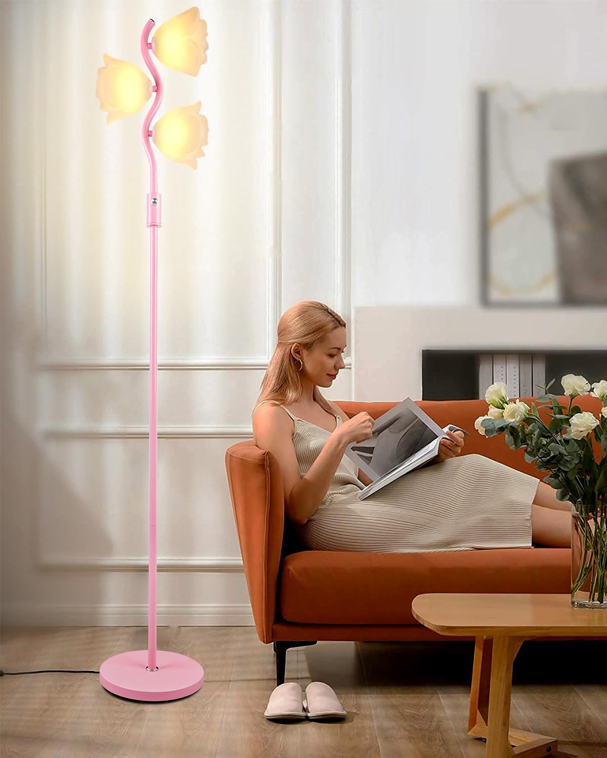 Lightdot Pink Flower Floor Lamp Stepless Dimmable Modern Mid Century Standing Lamp Floral 3-Light Floor Lamps With 3000K G9 Bulb