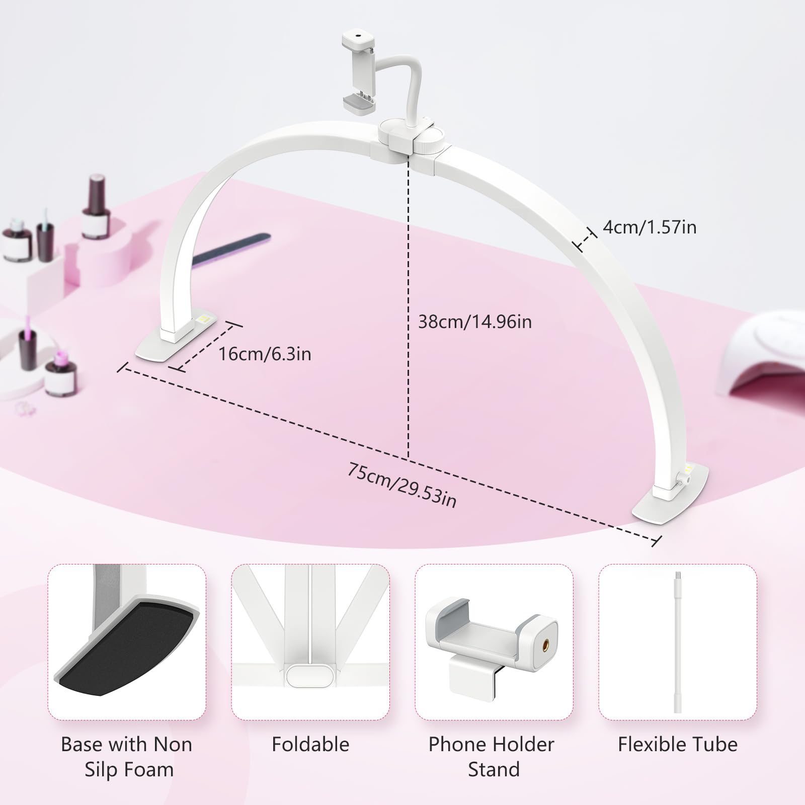 Yokilly Half Moon Desk Lamp - 29" Foldable Light with Phone Holder, 3 Color Modes, 10 Brightness Levels, Large, White